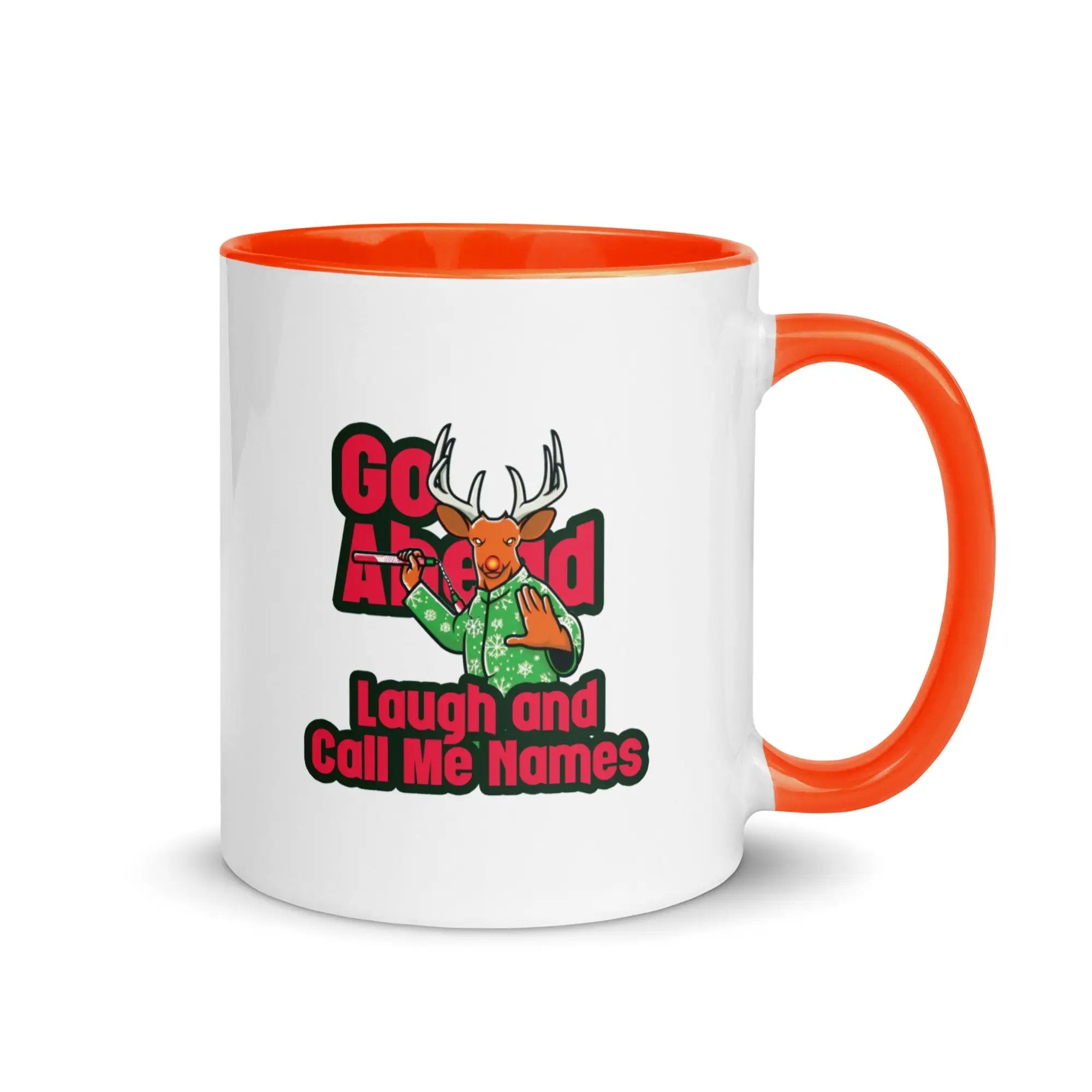 a white and orange coffee mug with a picture of a deer