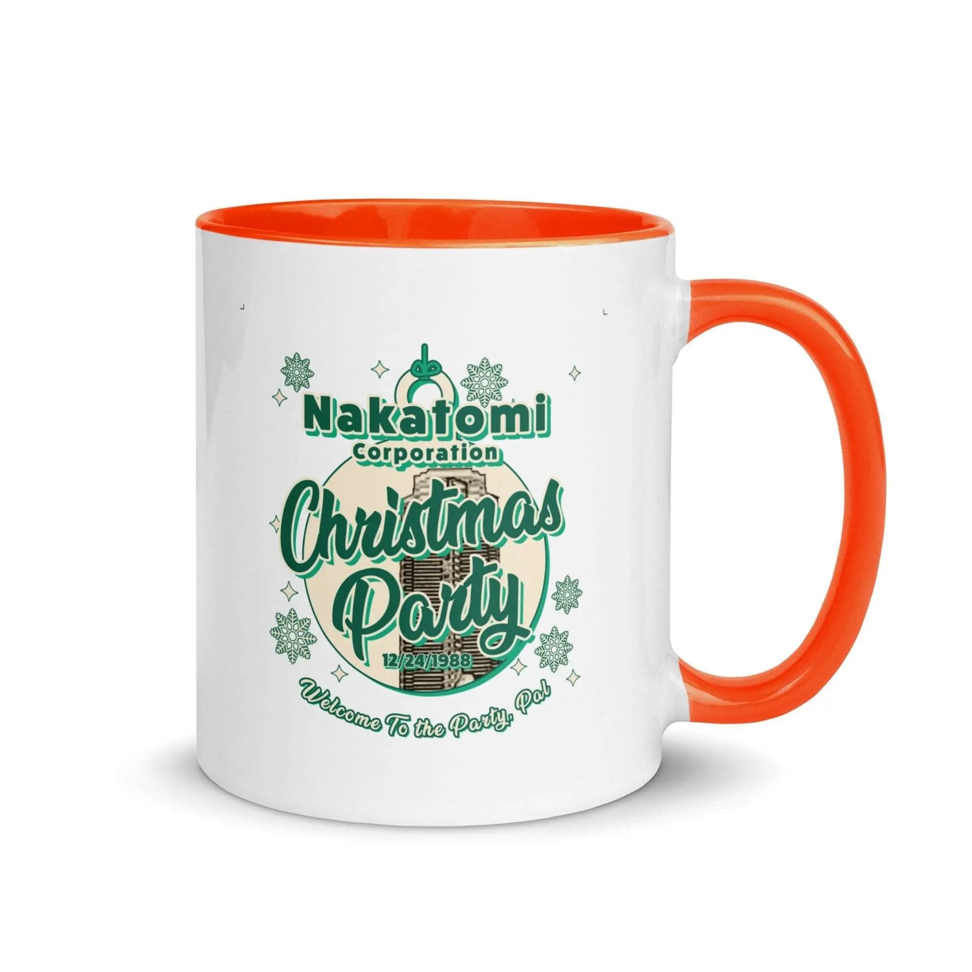 a white and orange coffee mug with a christmas party on it