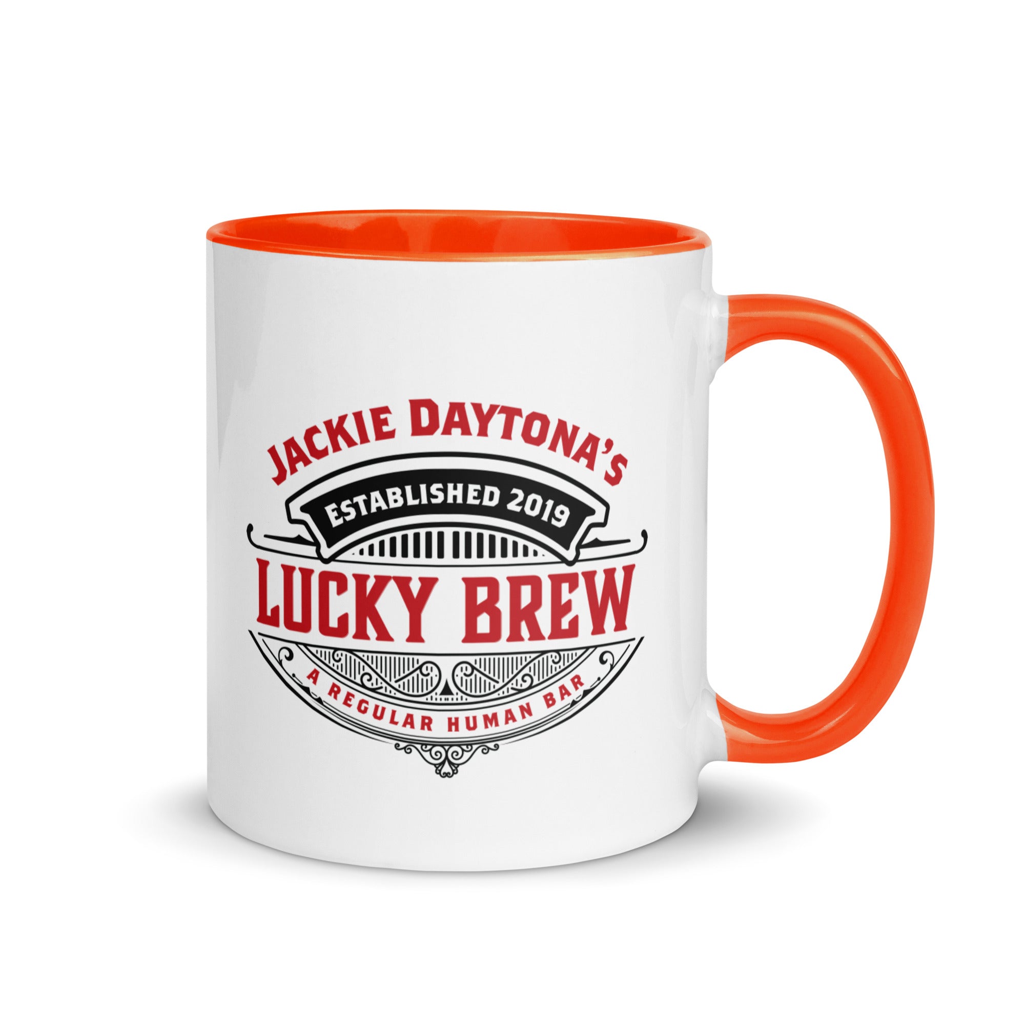a white and orange coffee mug with the words lucky brew on it
