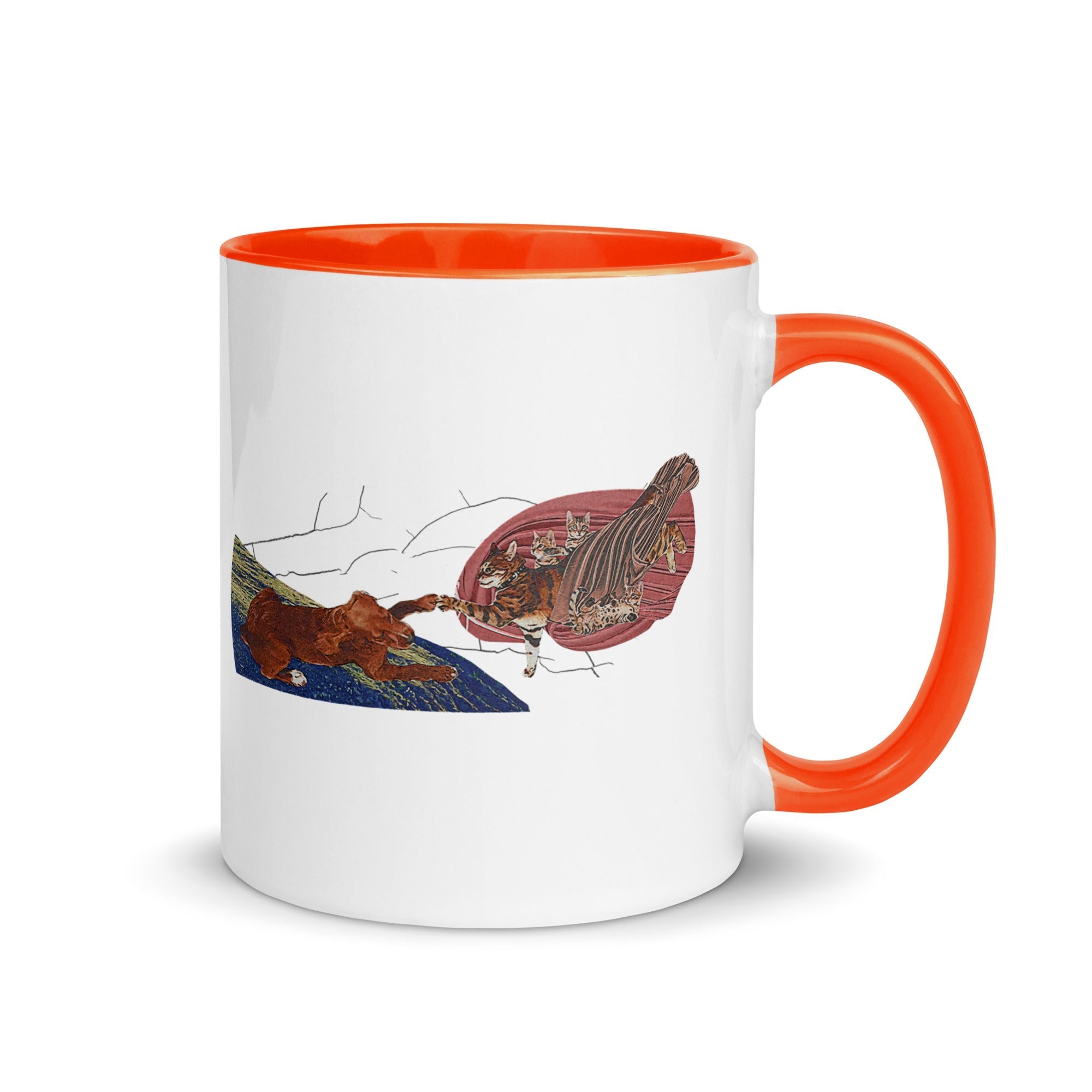 a white and orange coffee mug with a picture of a hot air balloon and a