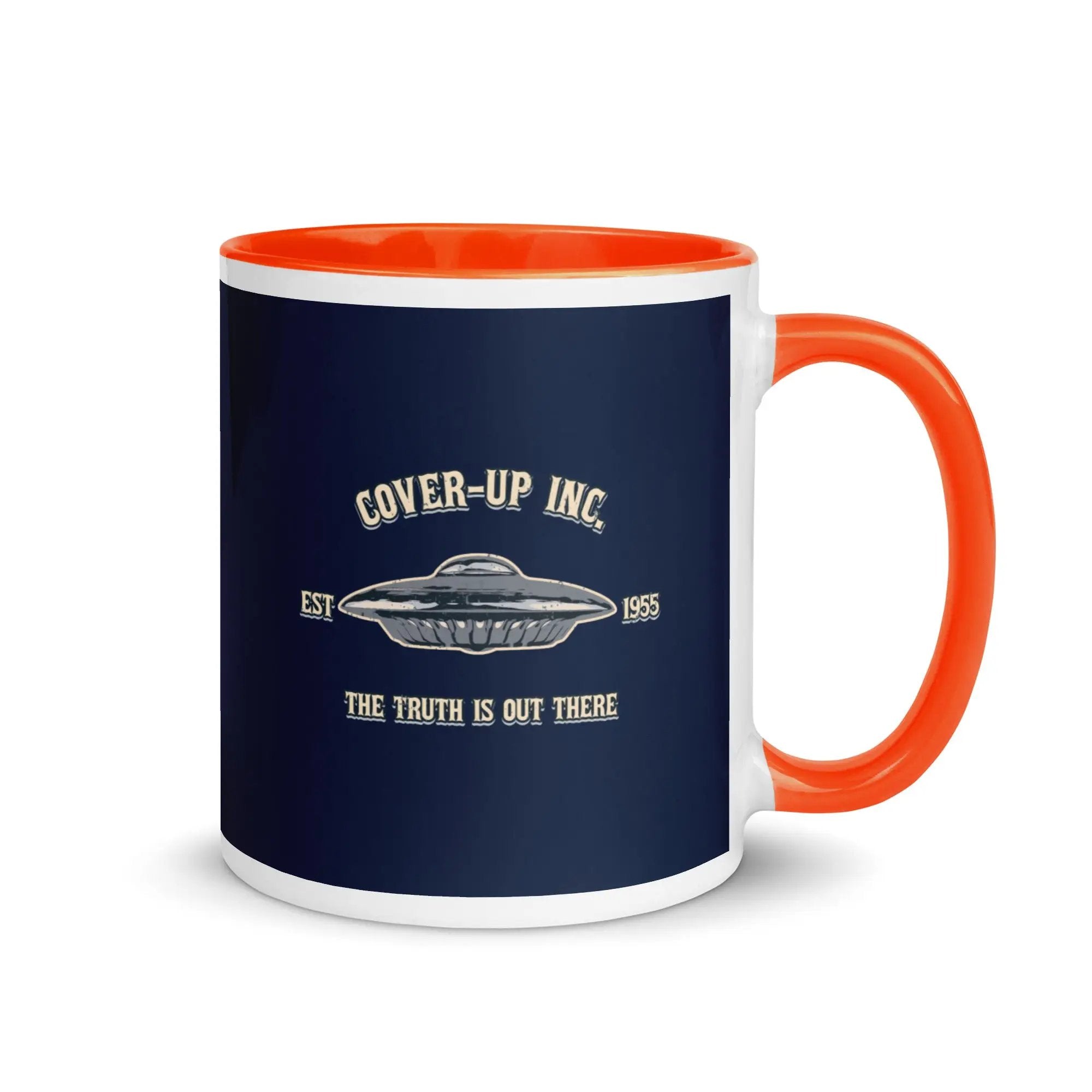 an orange and white coffee mug with the words cover - up inc on it