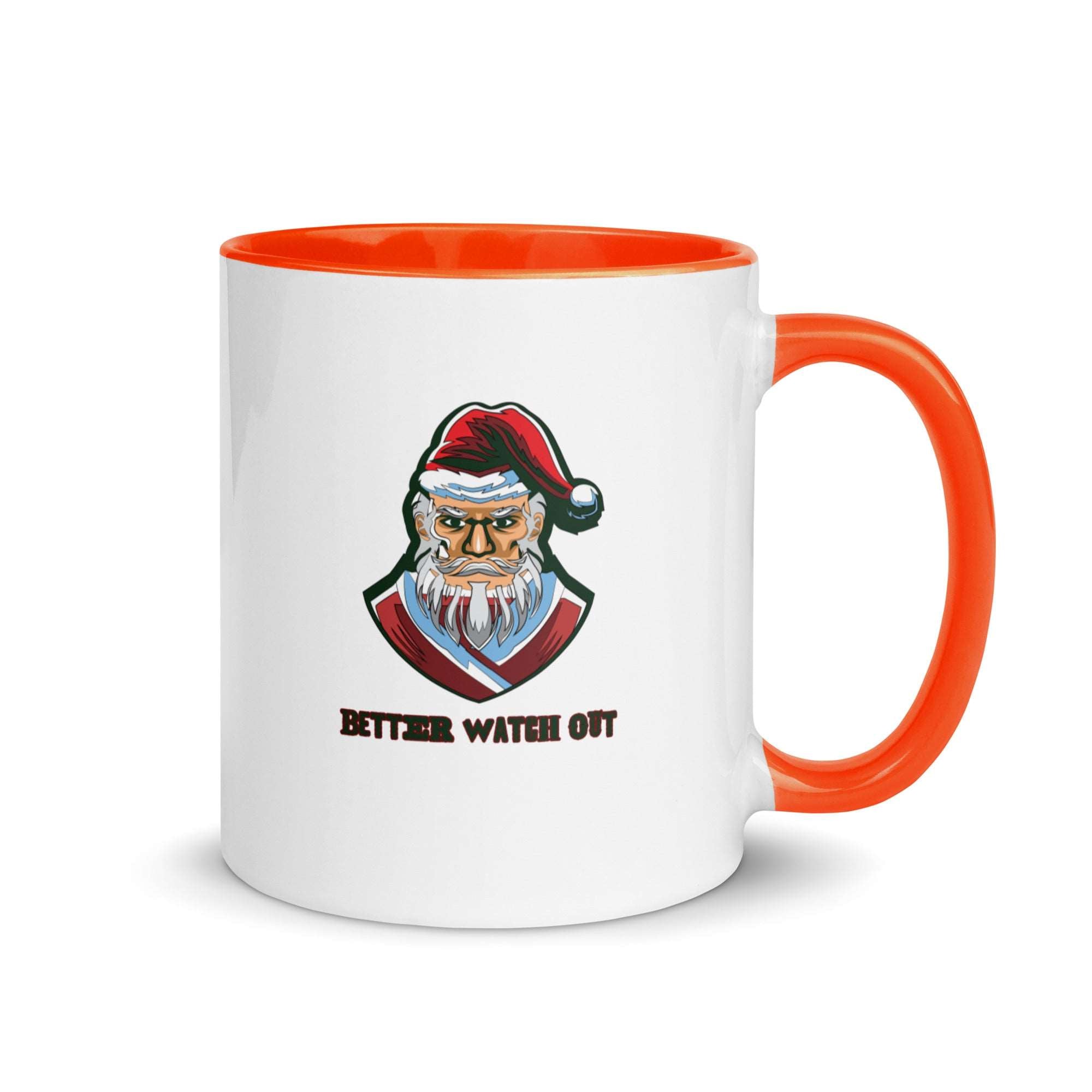 a white and orange coffee mug with a santa clause on it