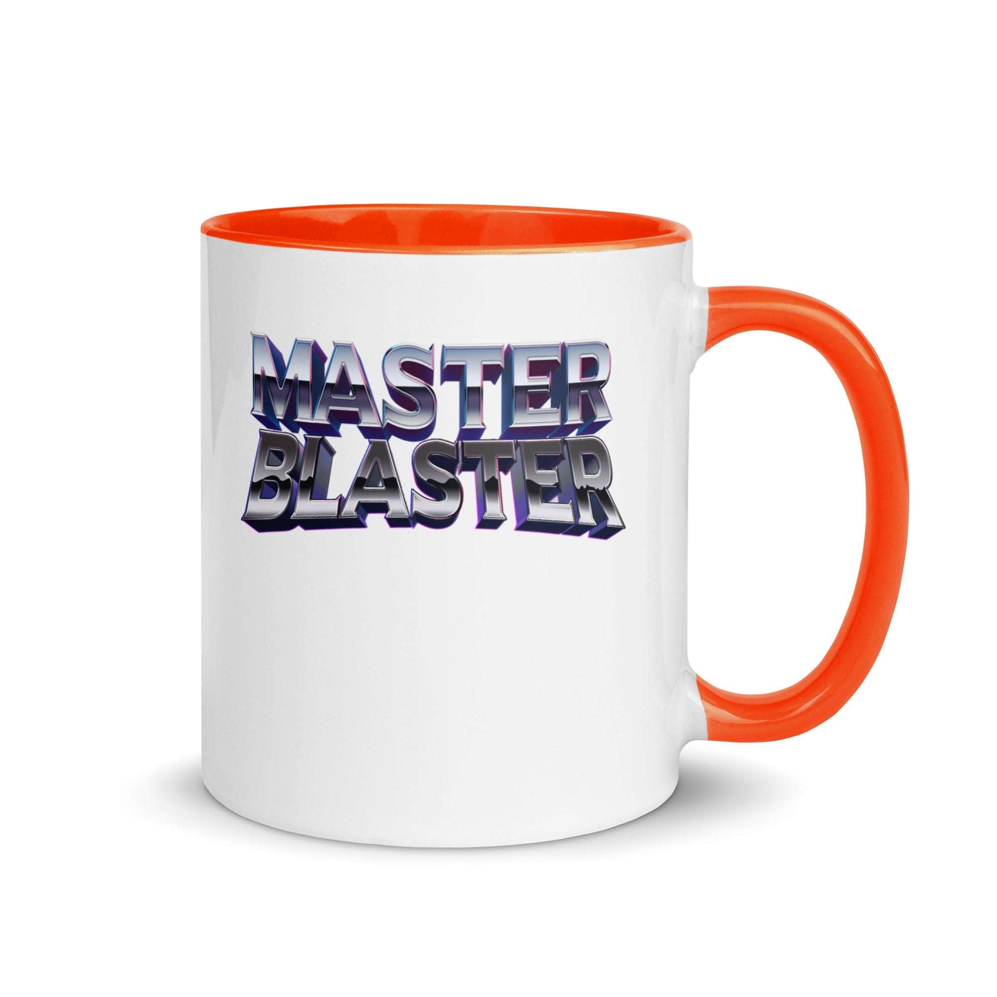 a white and orange coffee mug with the words master blaster on it