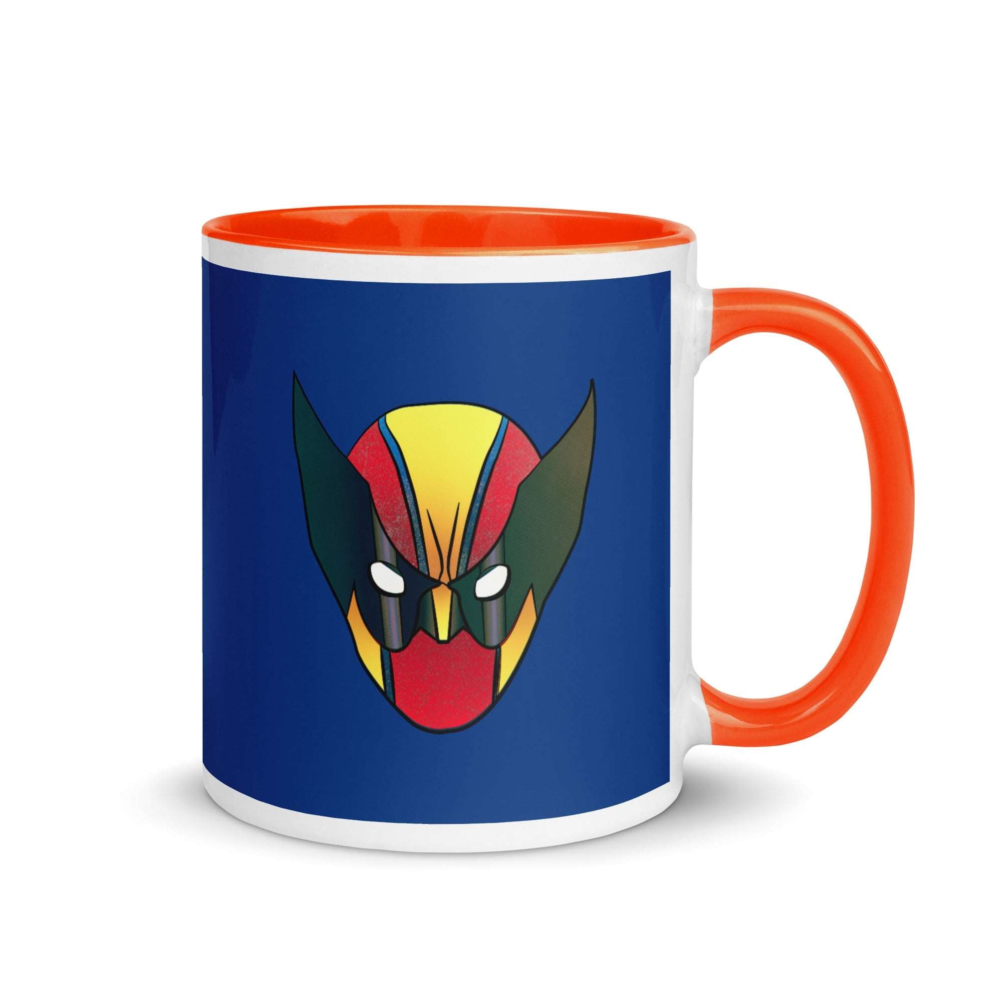 an orange and blue mug with a cartoon character on it