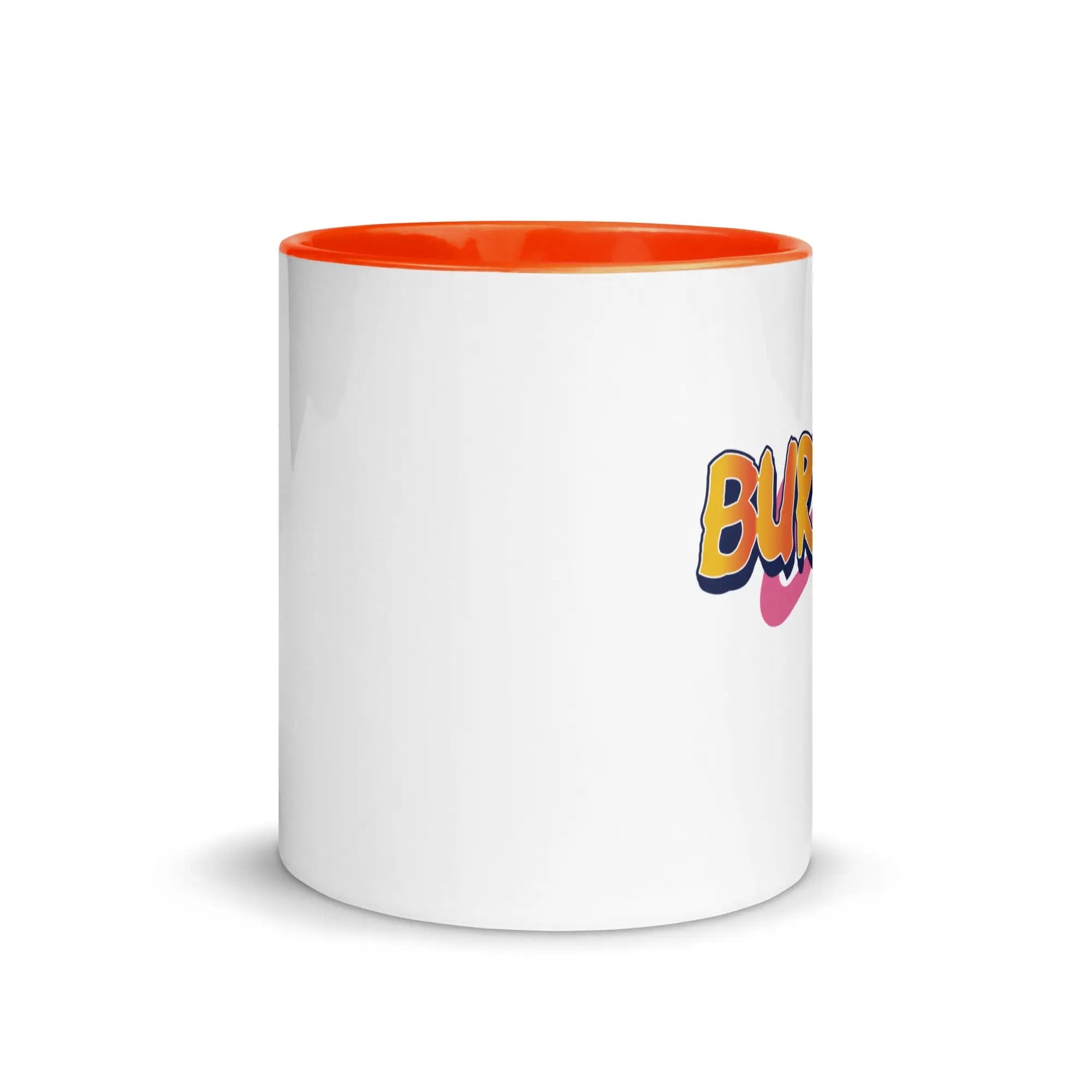 a white and orange coffee mug with the word bla on it