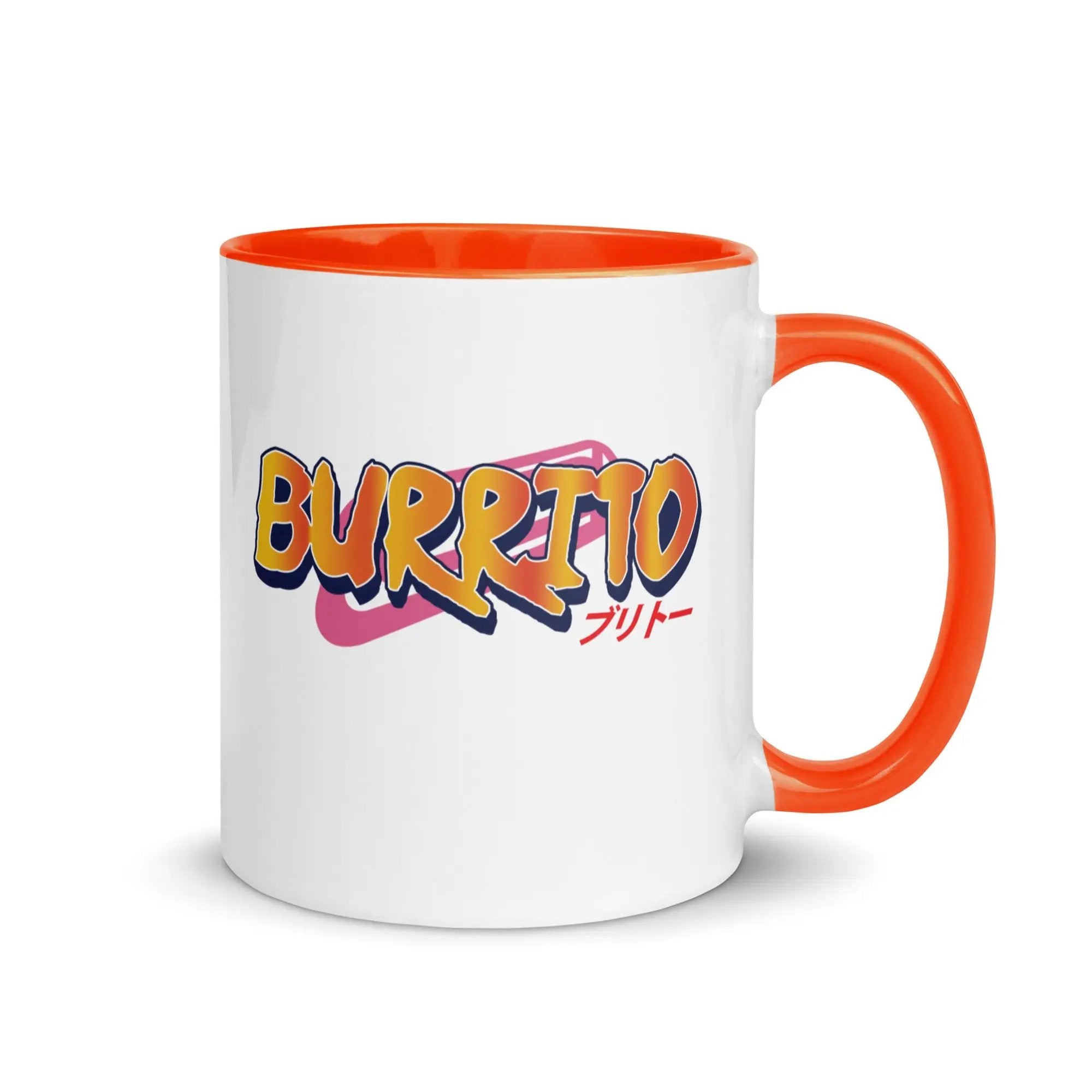 a white and orange coffee mug with the word burrito on it