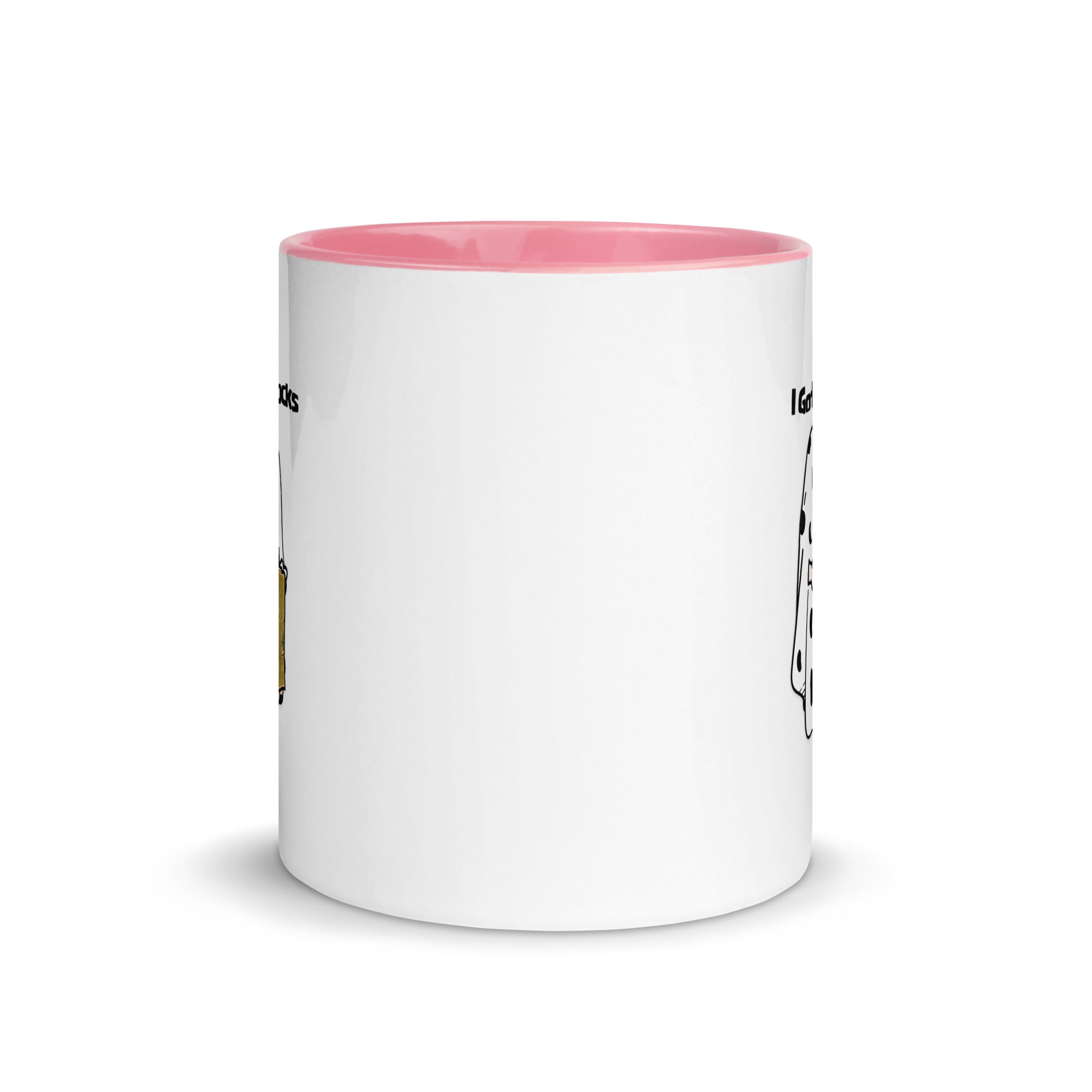 a white and pink coffee mug with words on it