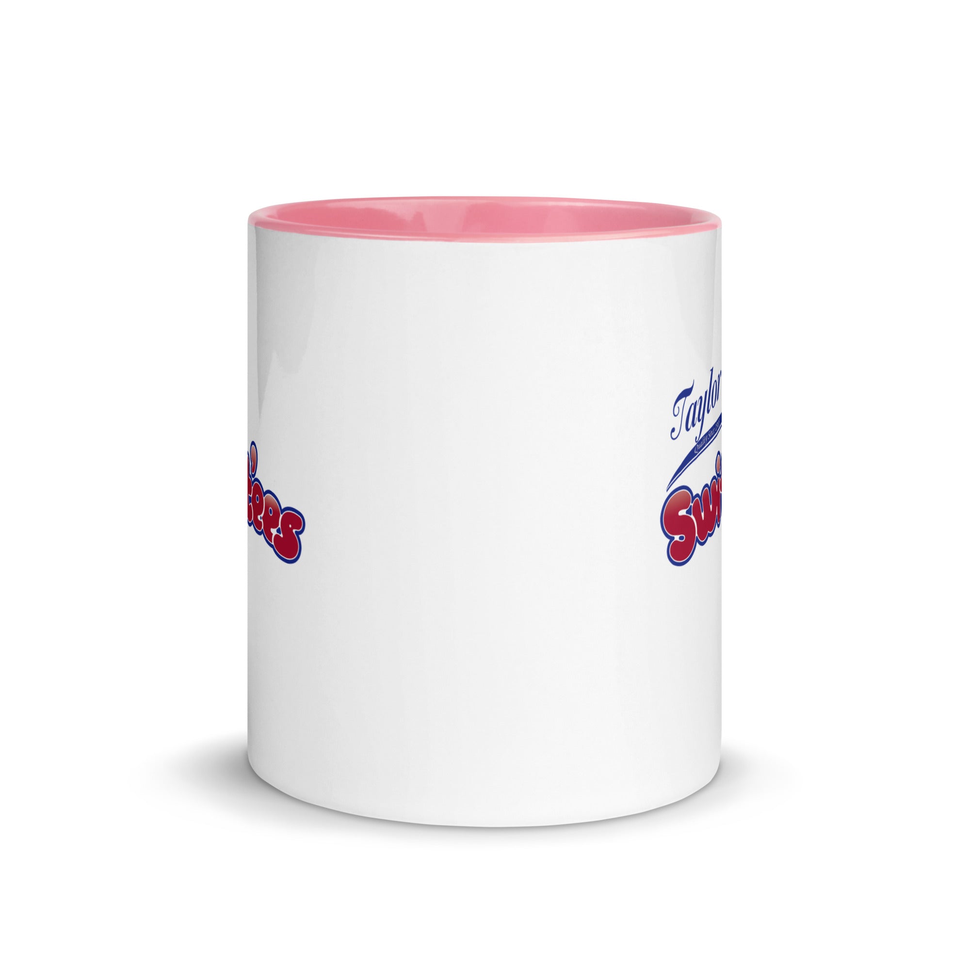 a white coffee mug with a pink rim