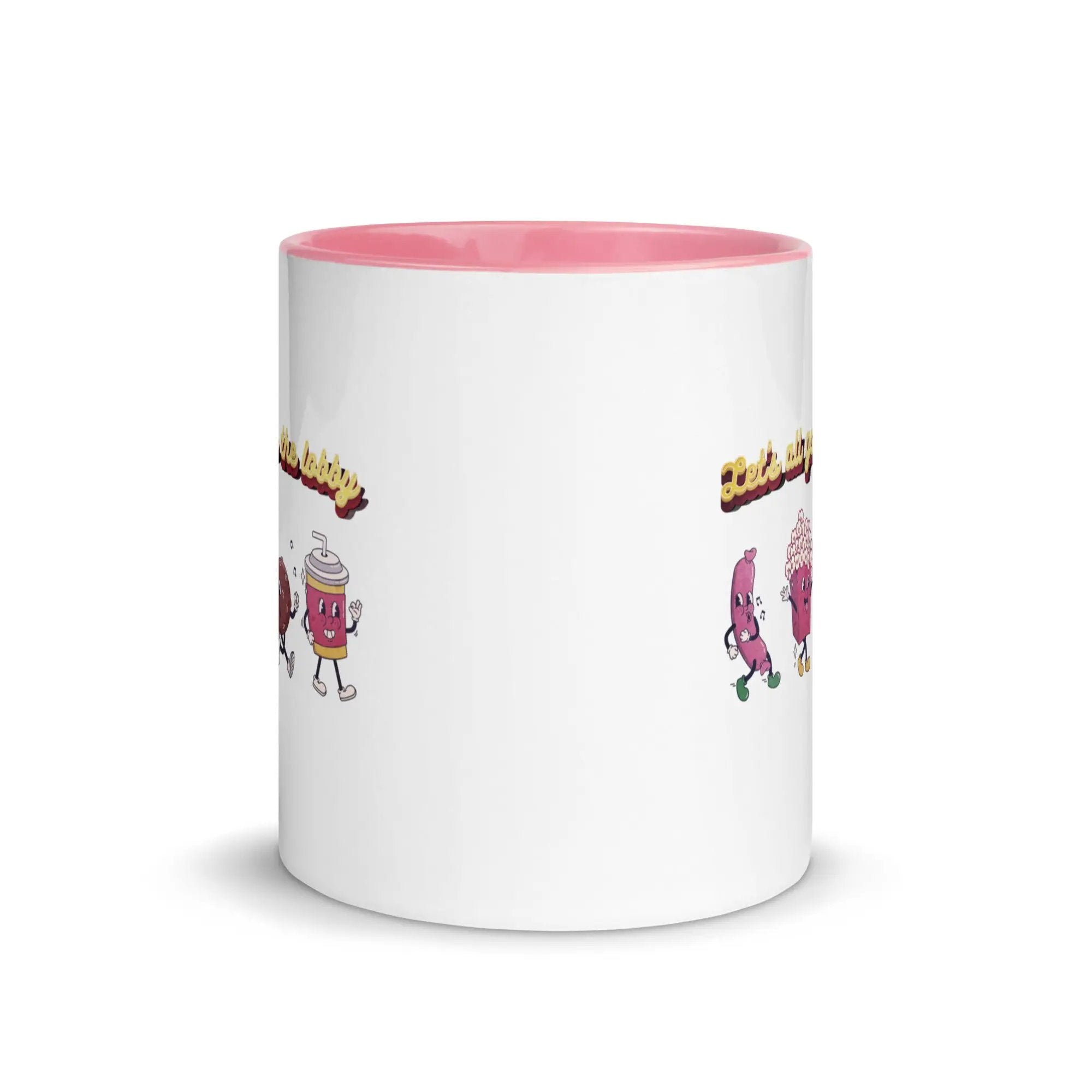 a pink and white coffee mug with cartoon characters on it