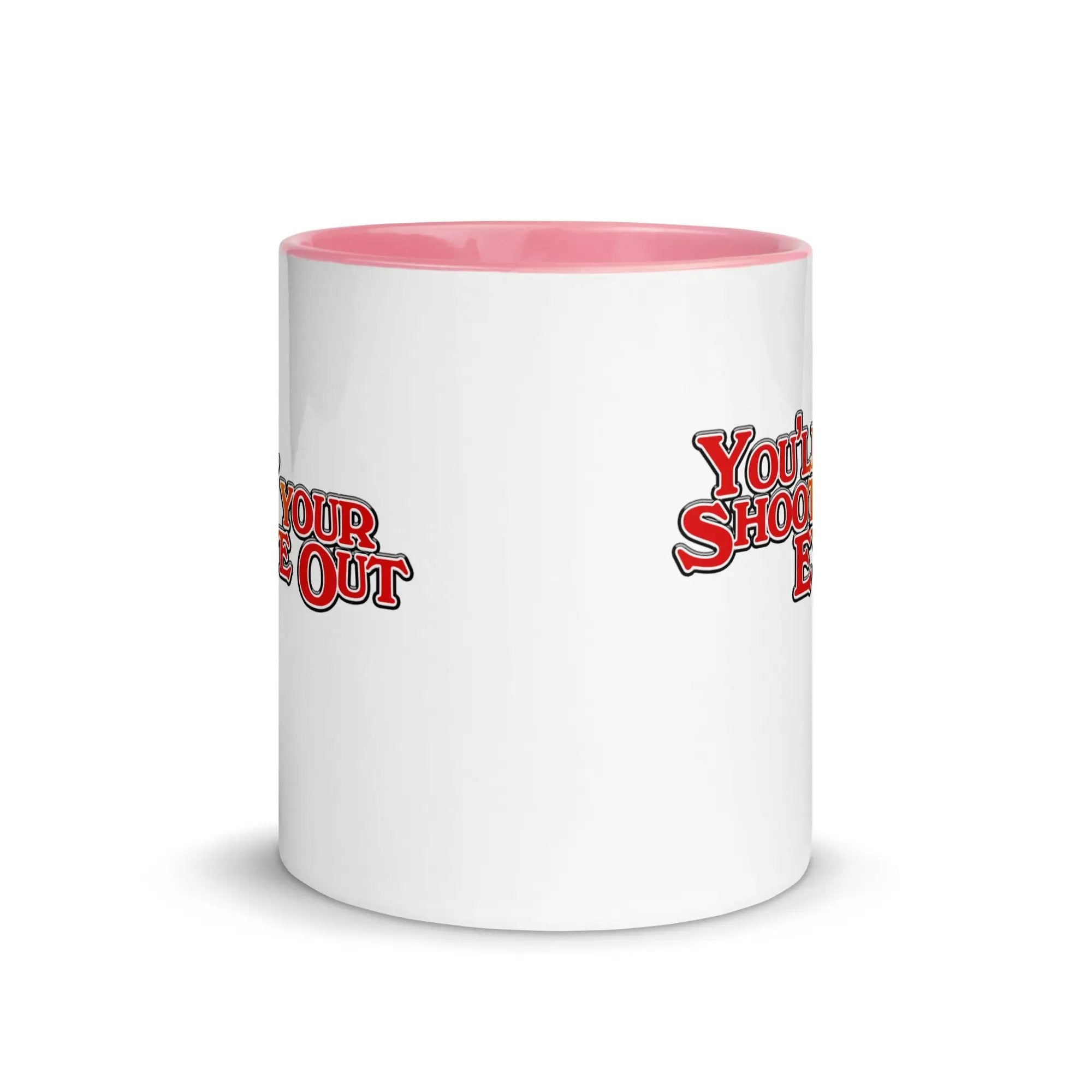 a white and pink coffee mug with the words your shot on it
