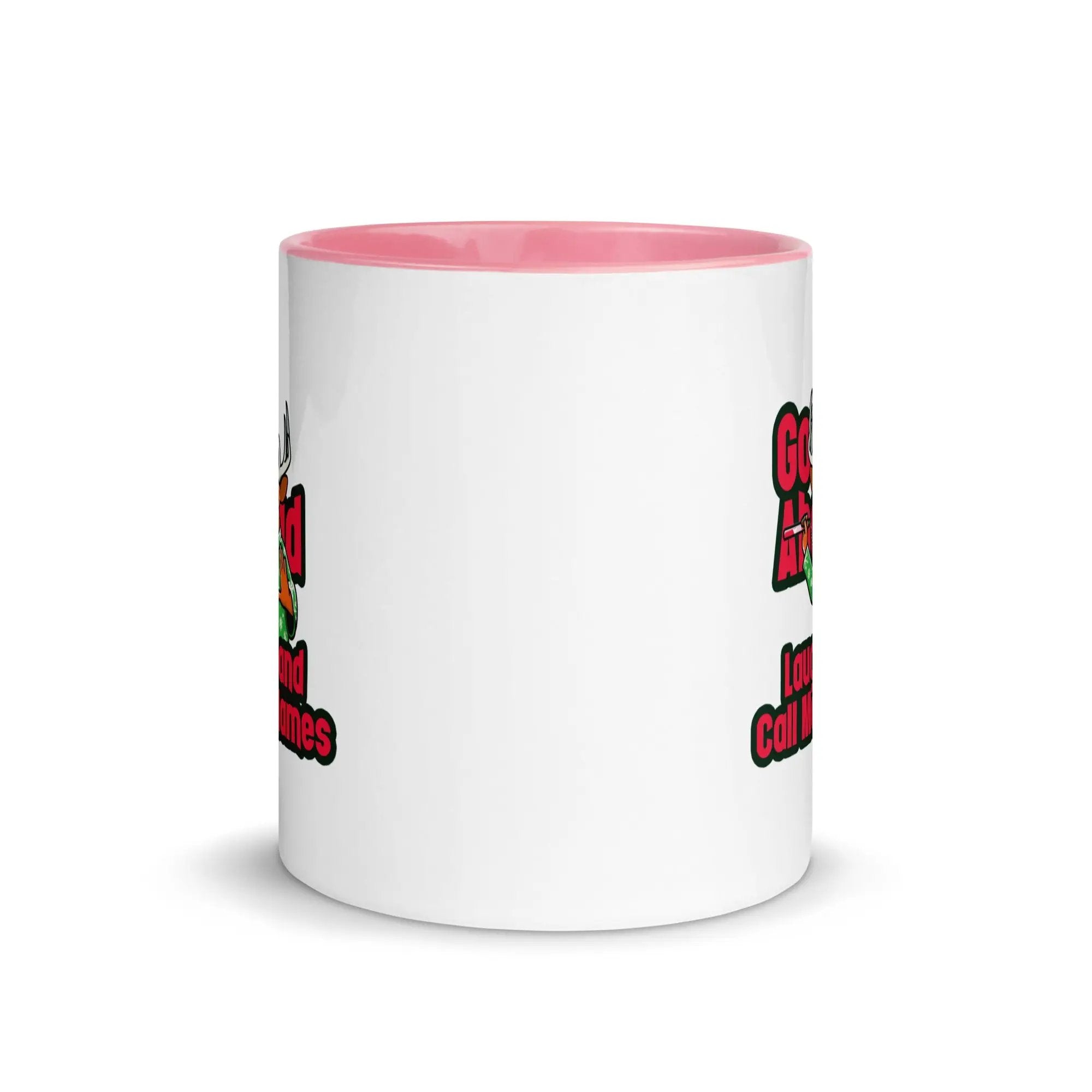 a white and pink coffee mug with a red bottom