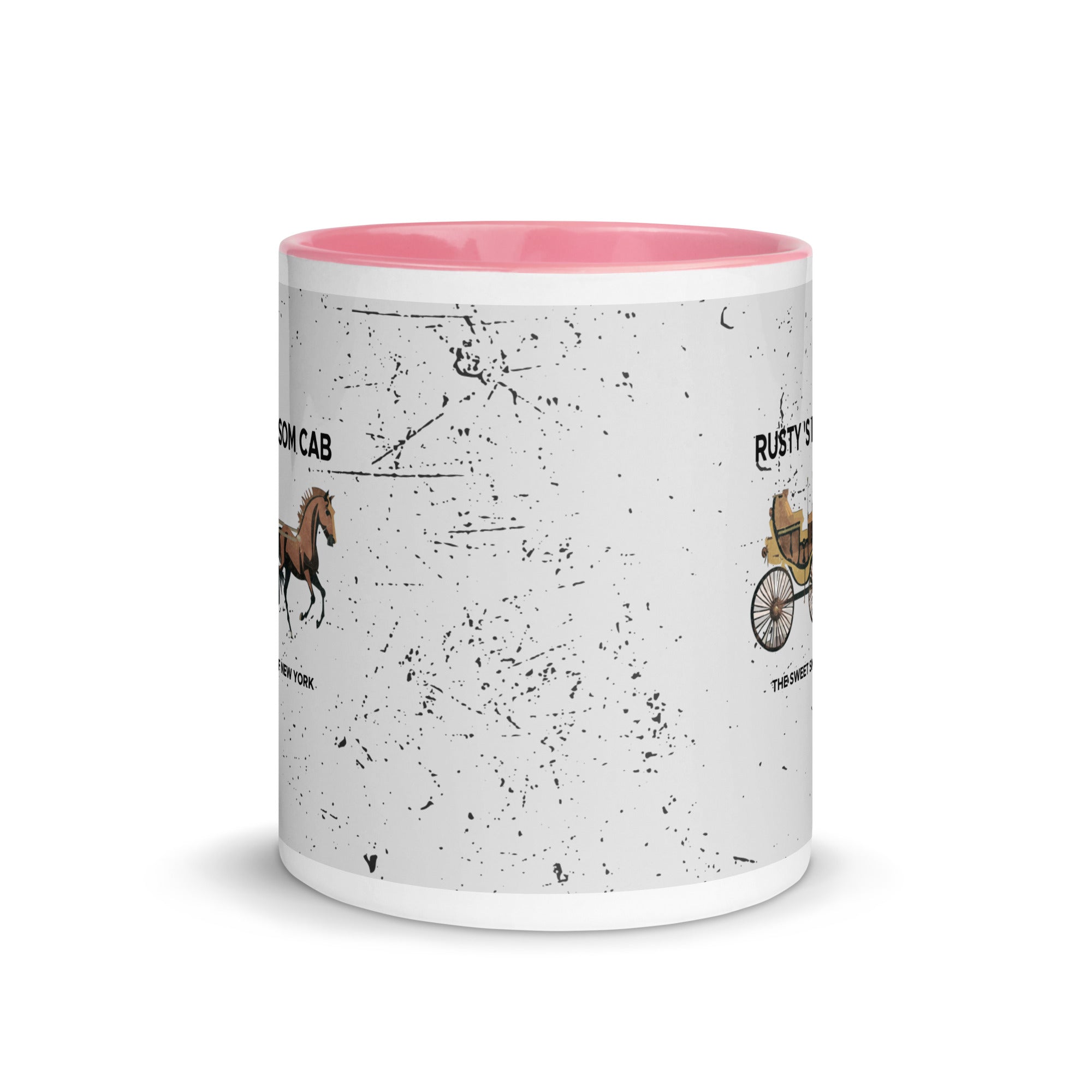 a white and pink coffee mug with a picture of a horse