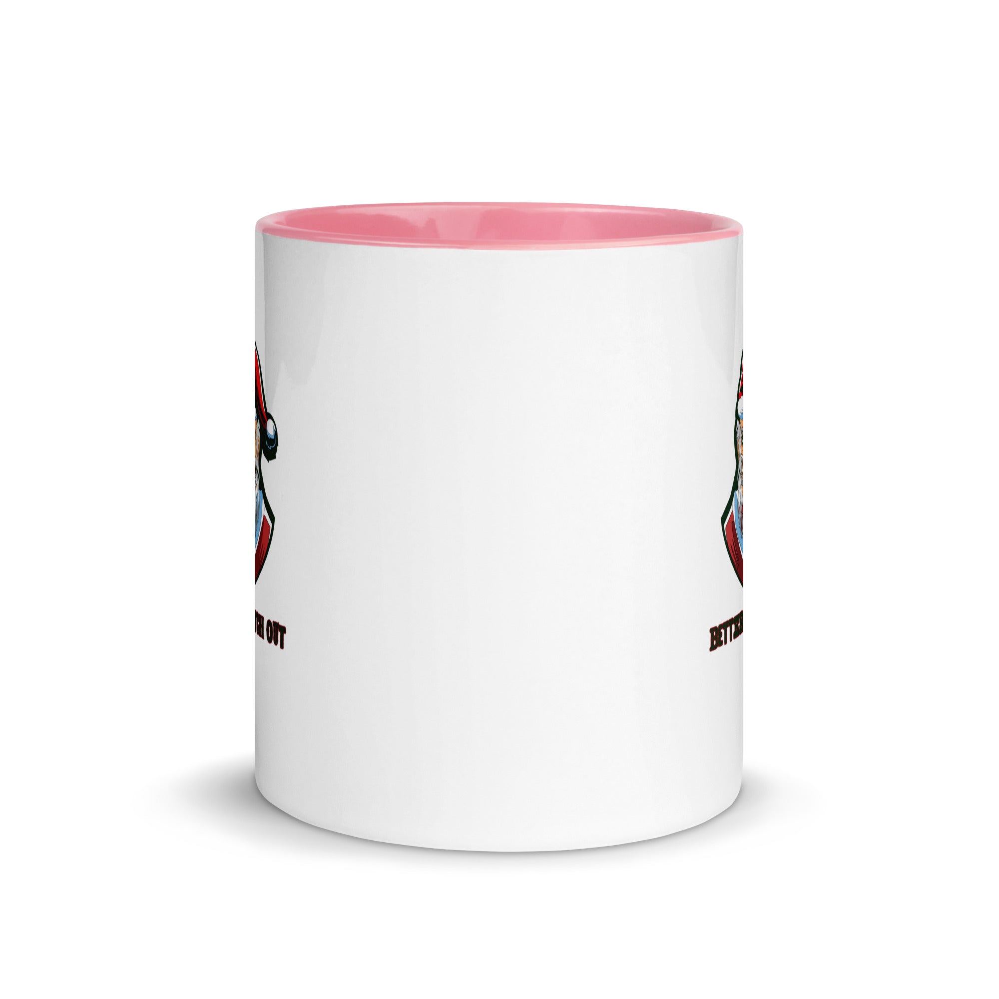 a white coffee mug with a pink rim