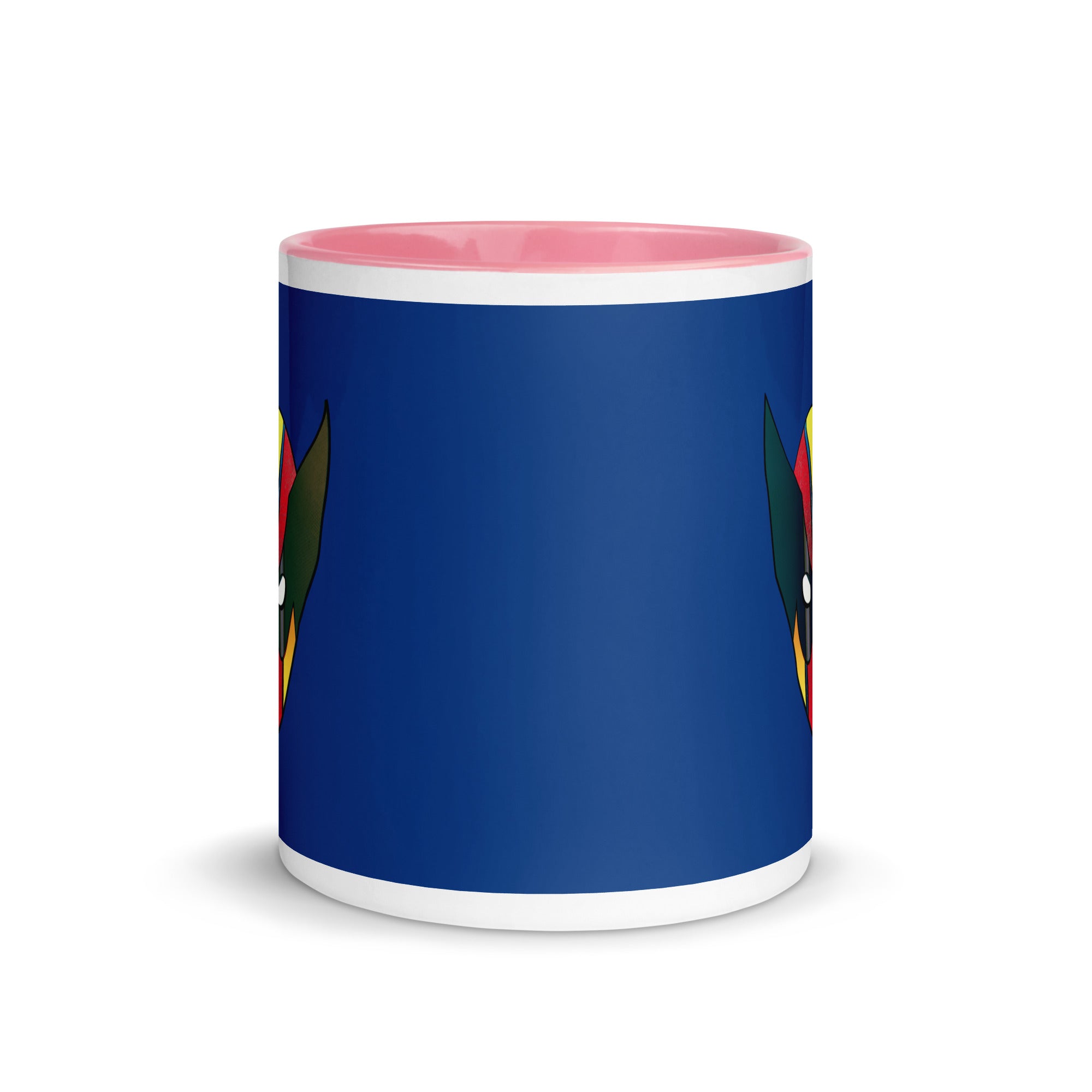 a blue mug with a colorful bird on it