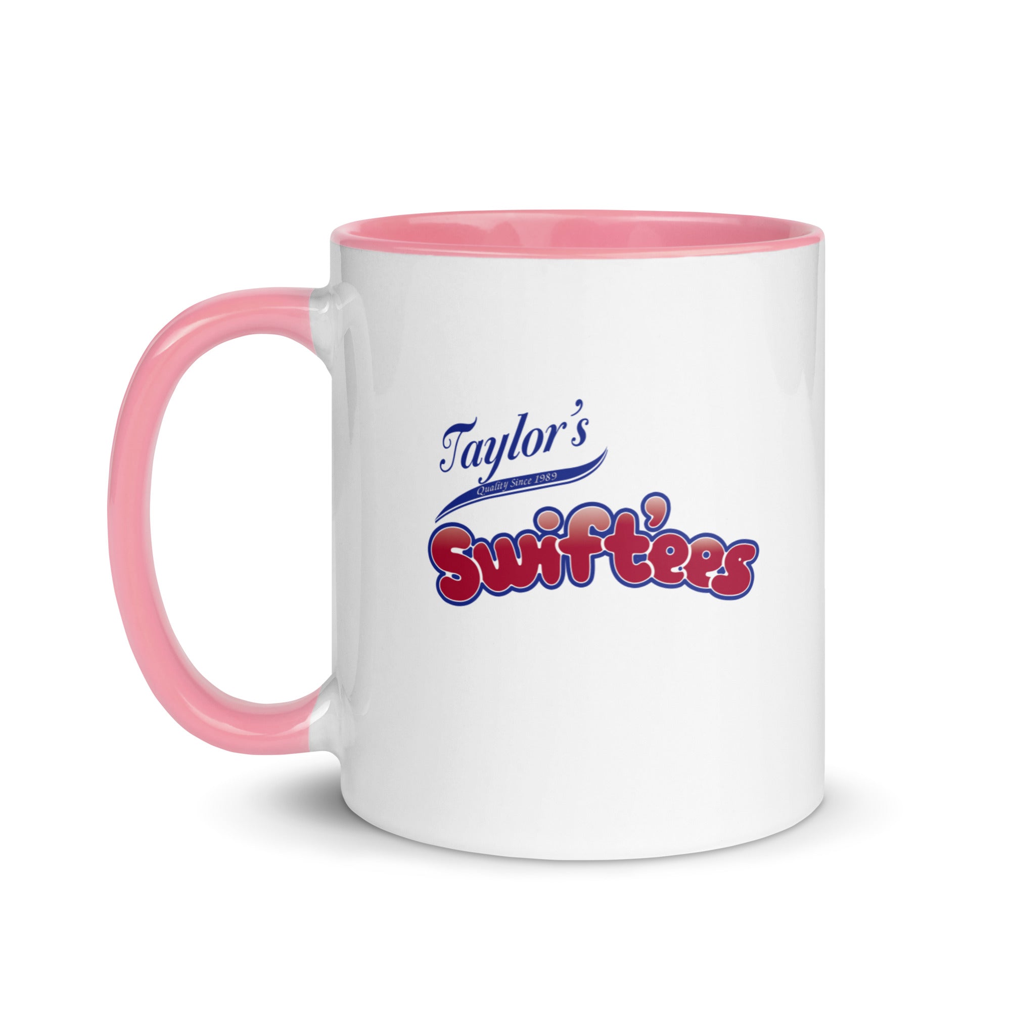 a white and pink coffee mug with taylor's swifties on it