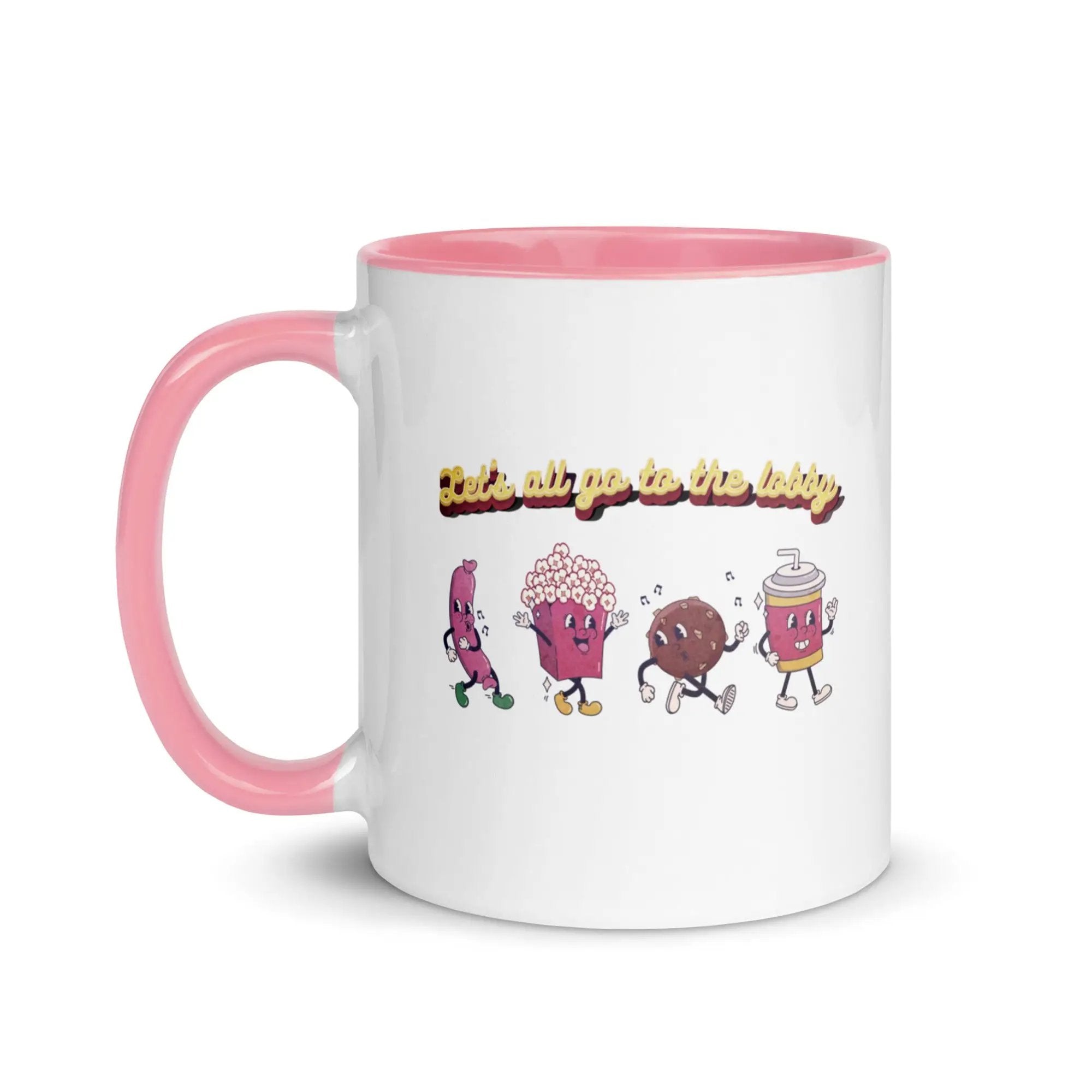 a pink and white coffee mug with cartoon characters on it