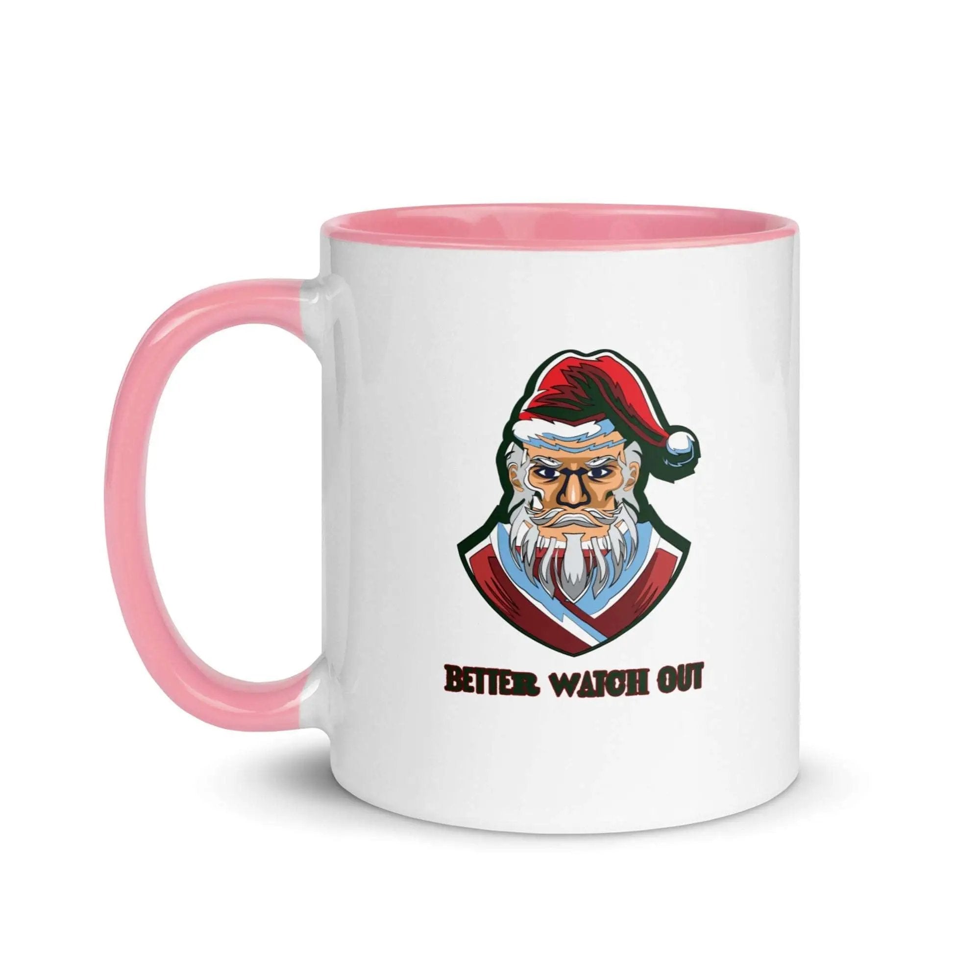 a white and pink coffee mug with a santa clause on it