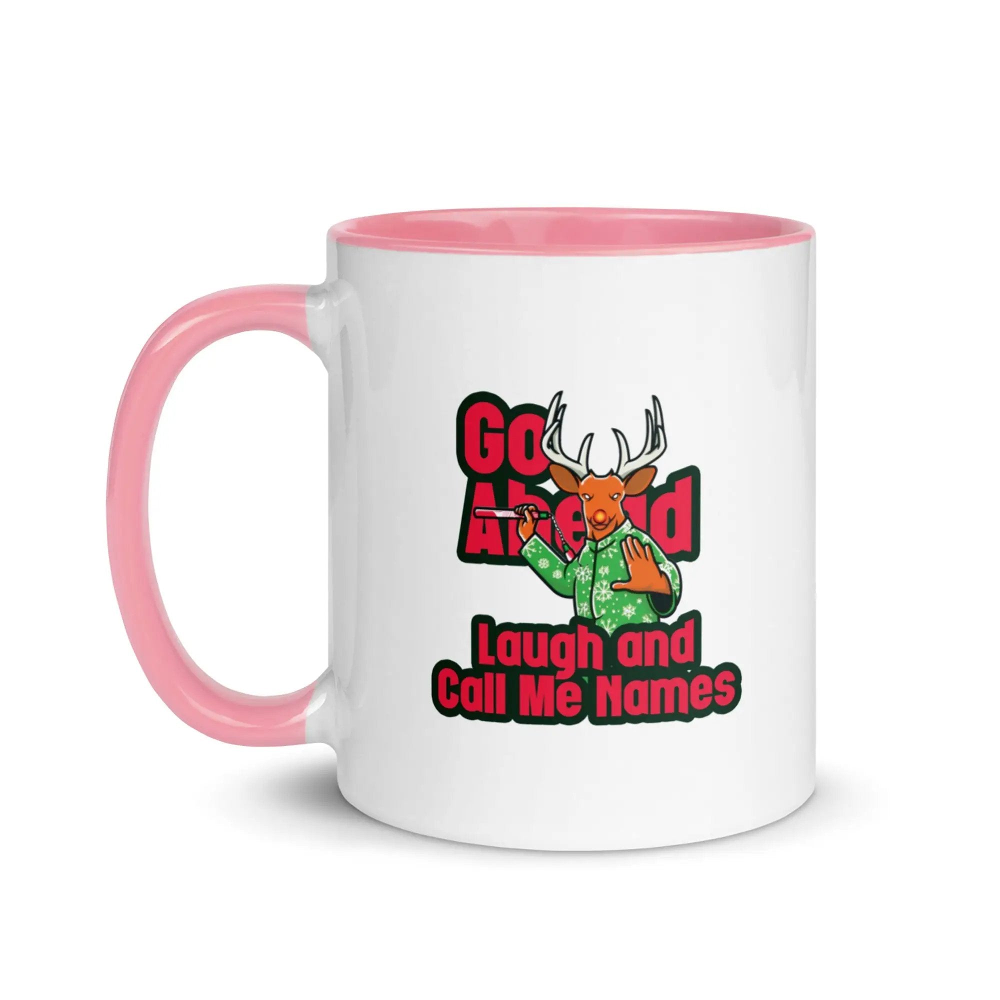 a white and pink coffee mug with a deer on it