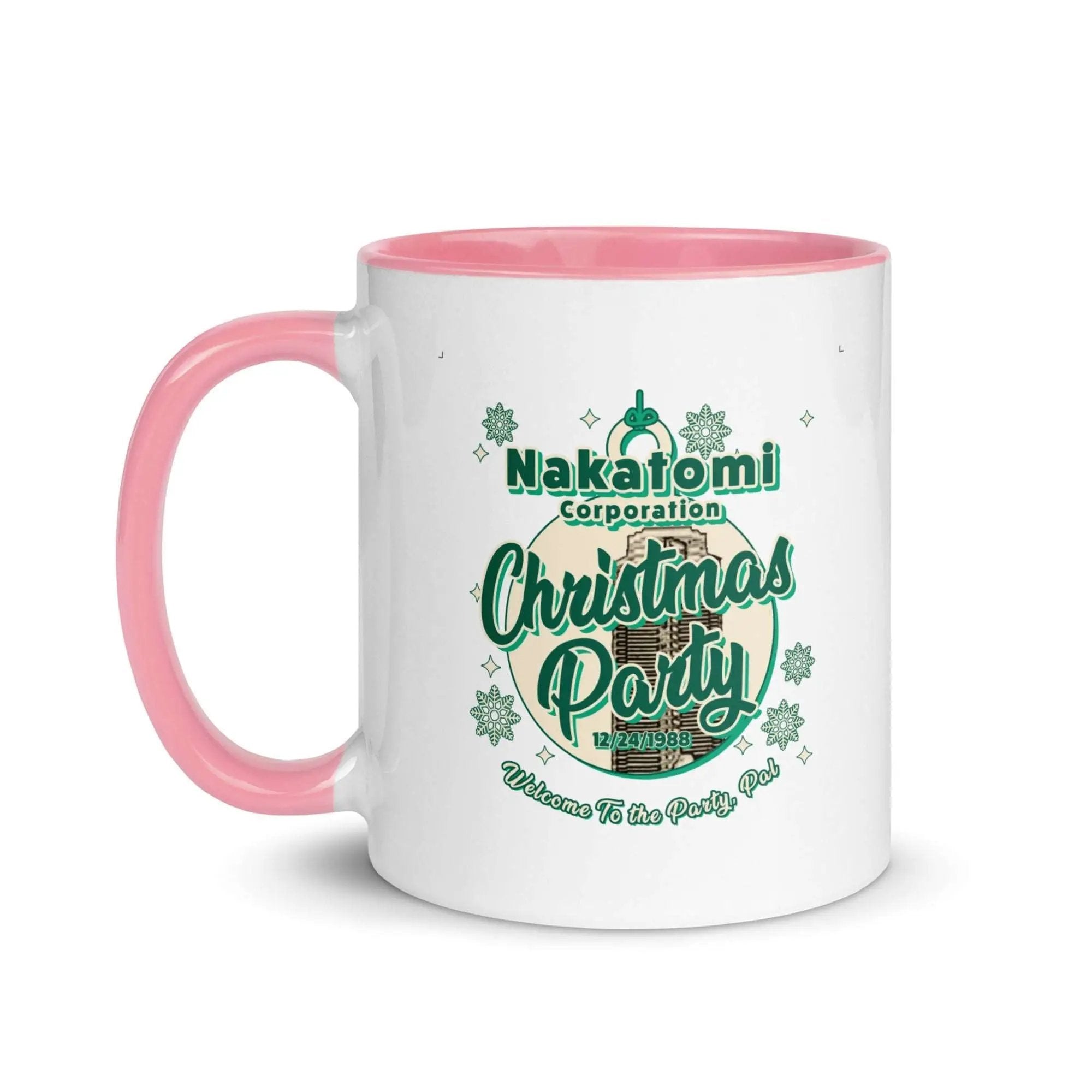 a white and pink coffee mug with the words christmas party on it