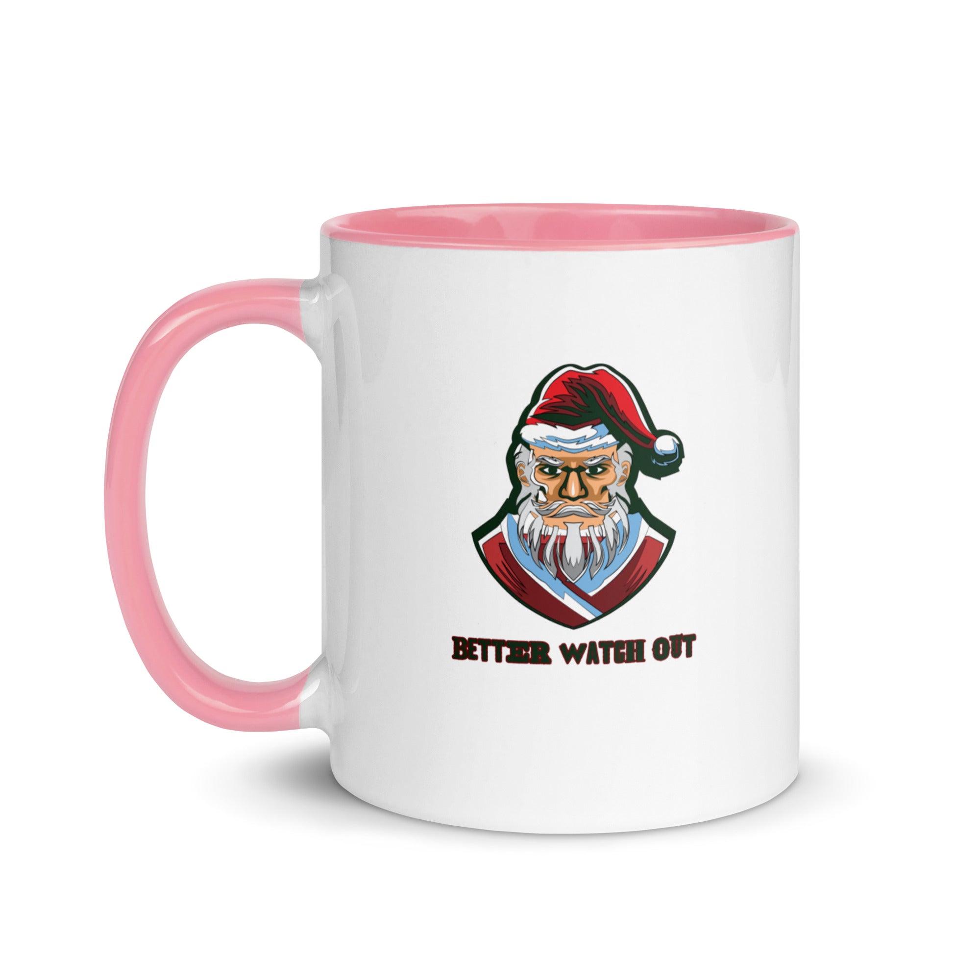 a white and pink coffee mug with a santa clause on it