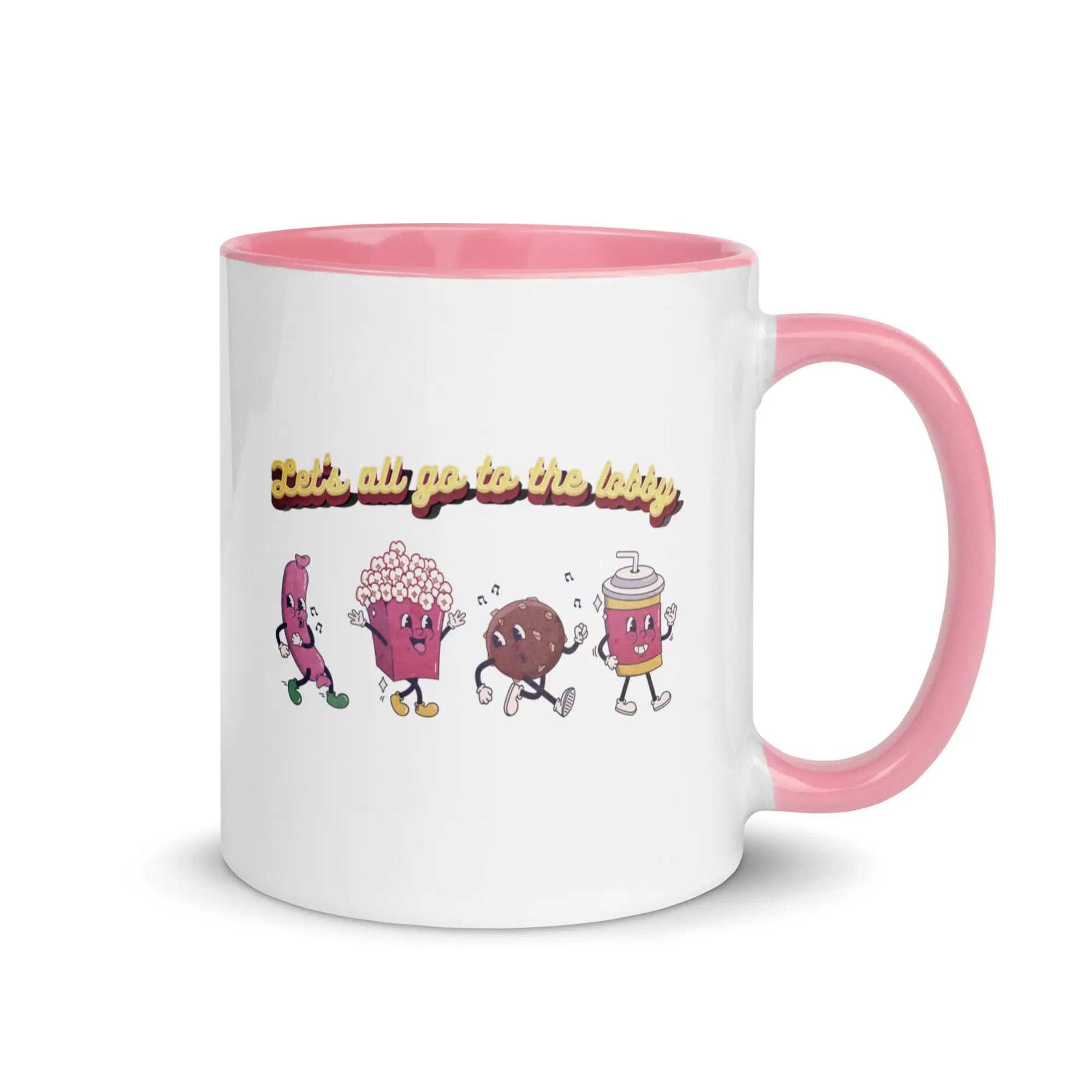 a pink and white coffee mug with a cartoon character on it