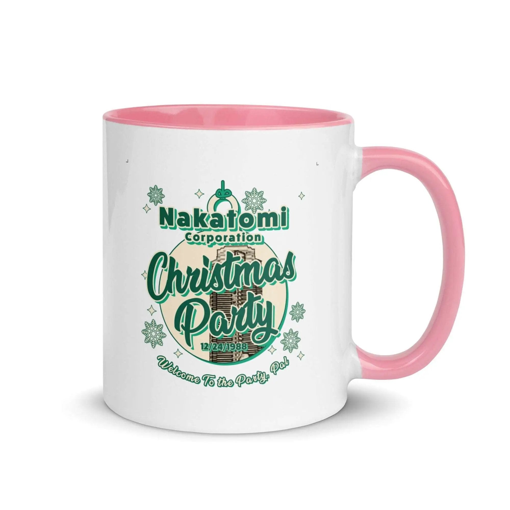 a white and pink coffee mug with a christmas party on it