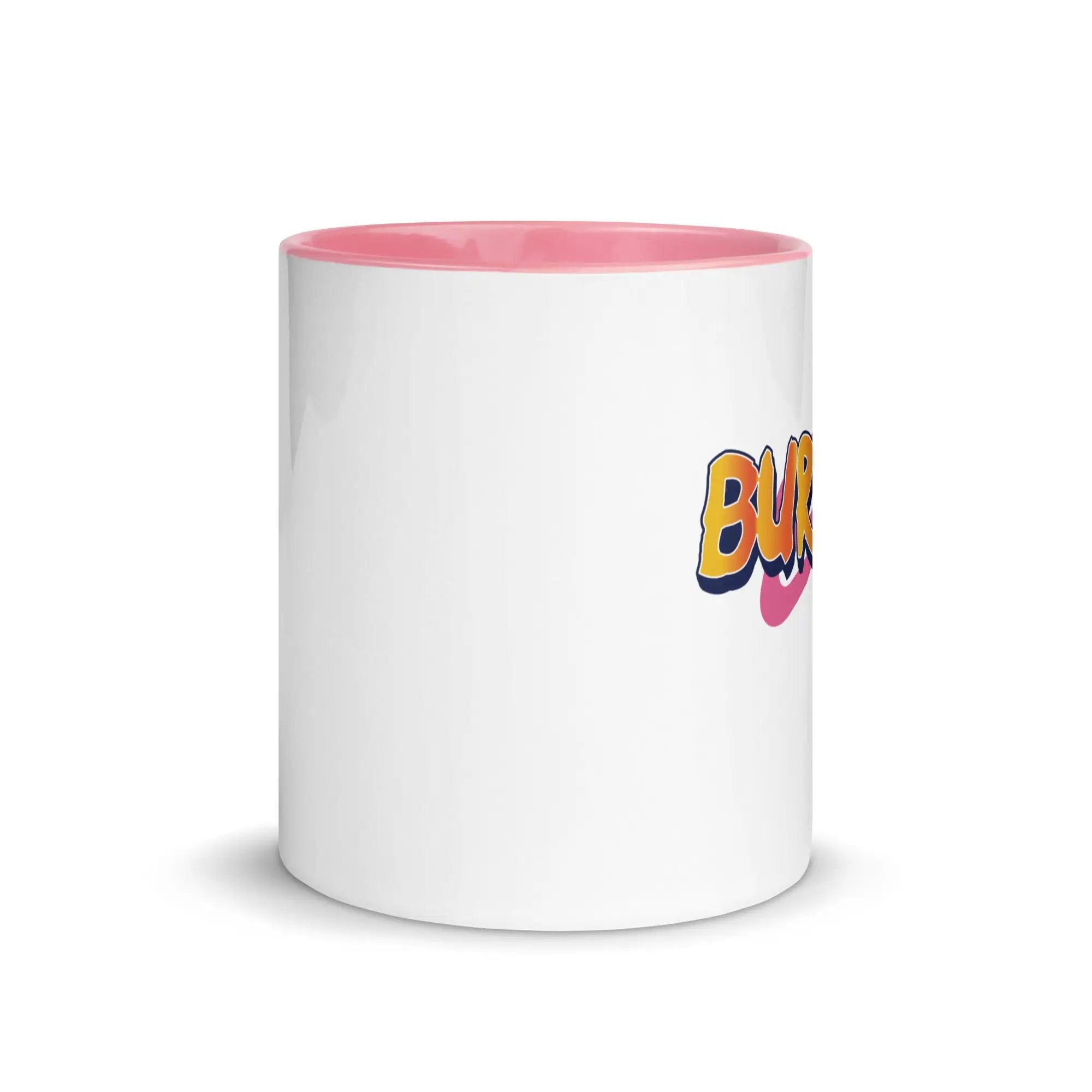 a white and pink coffee mug with the word bla on it