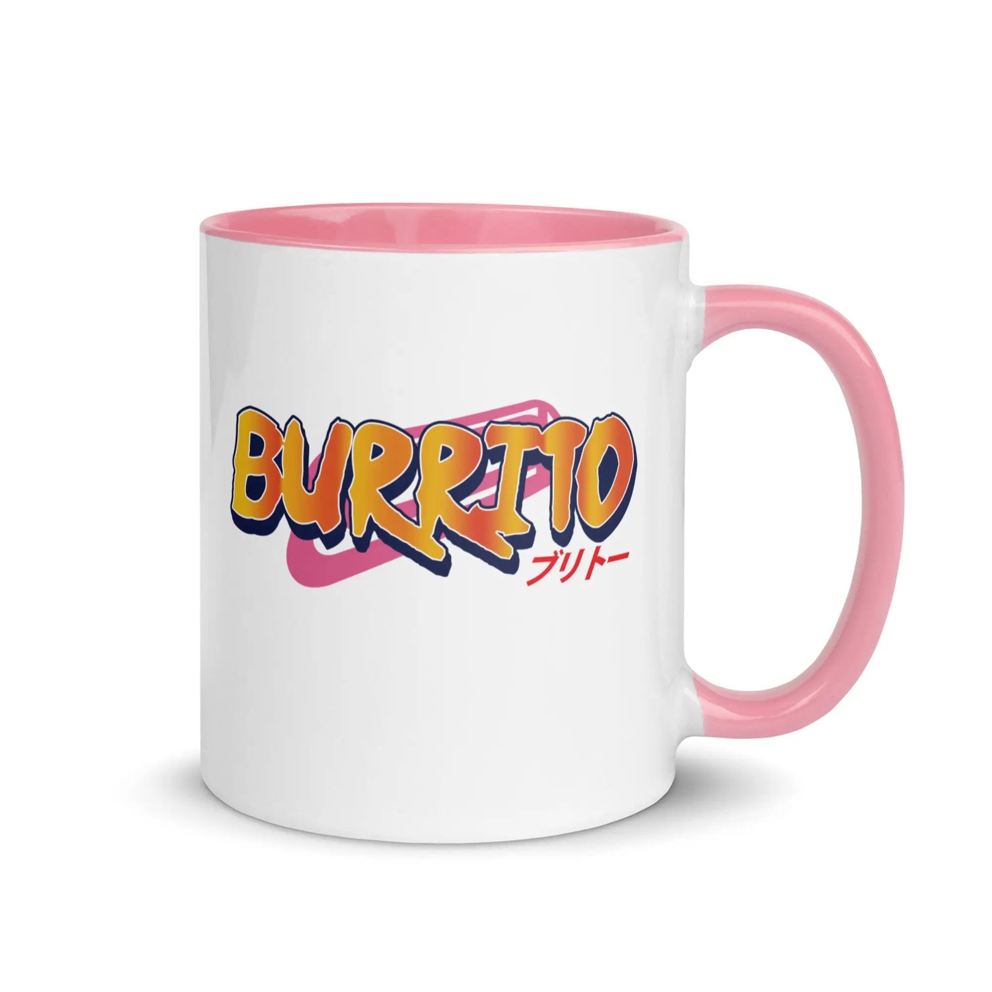 a white and pink coffee mug with the word burrito on it