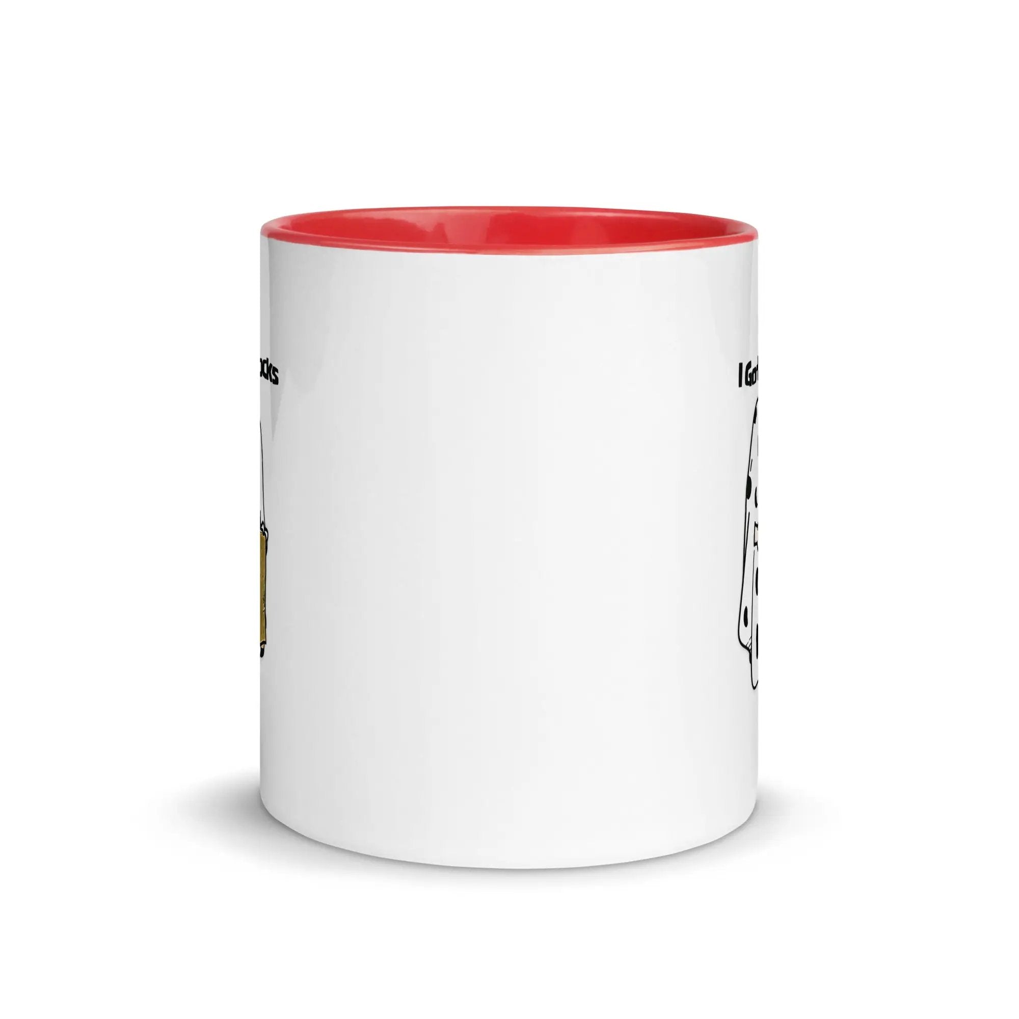 a white and red coffee mug with a red rim