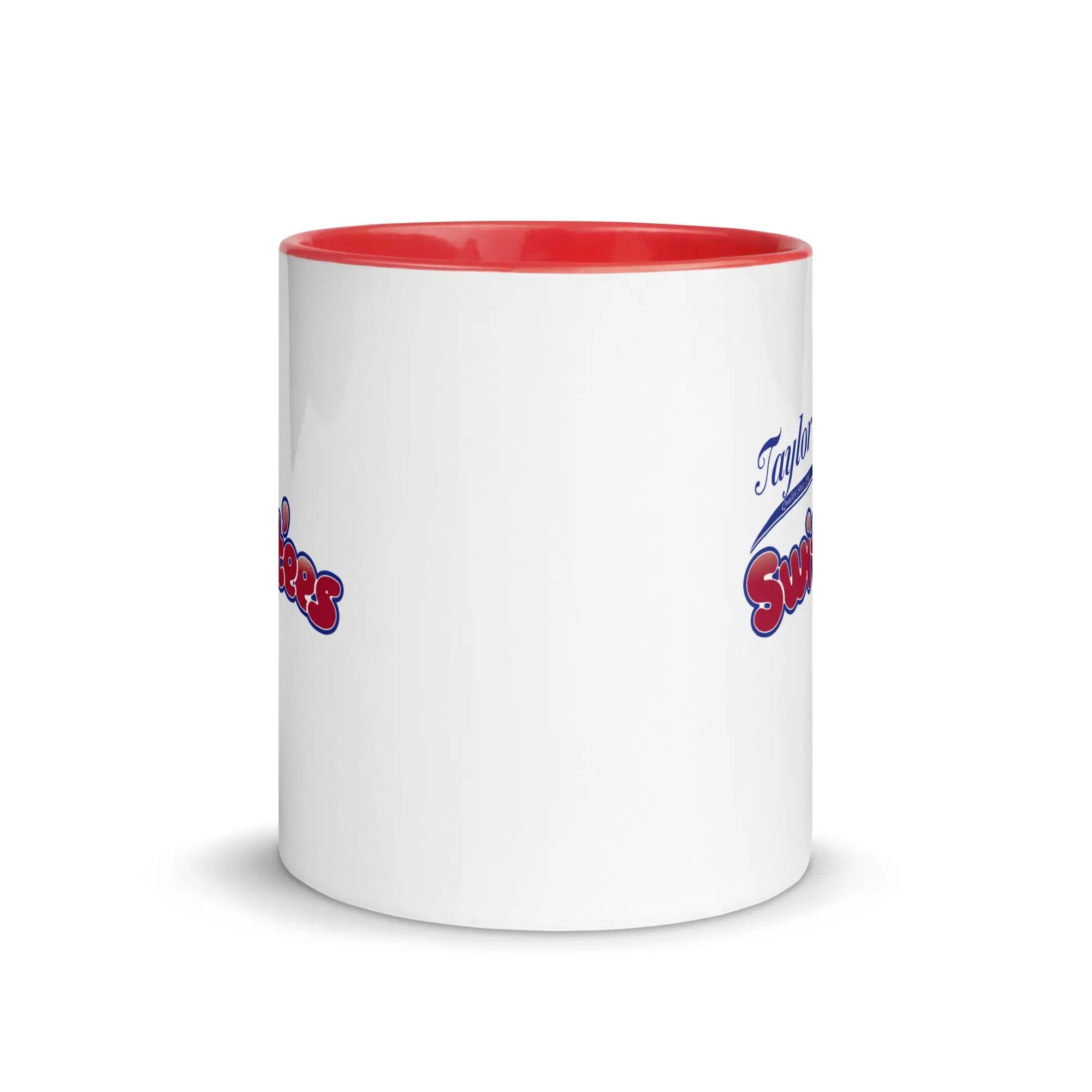 a white and red coffee mug with a red rim