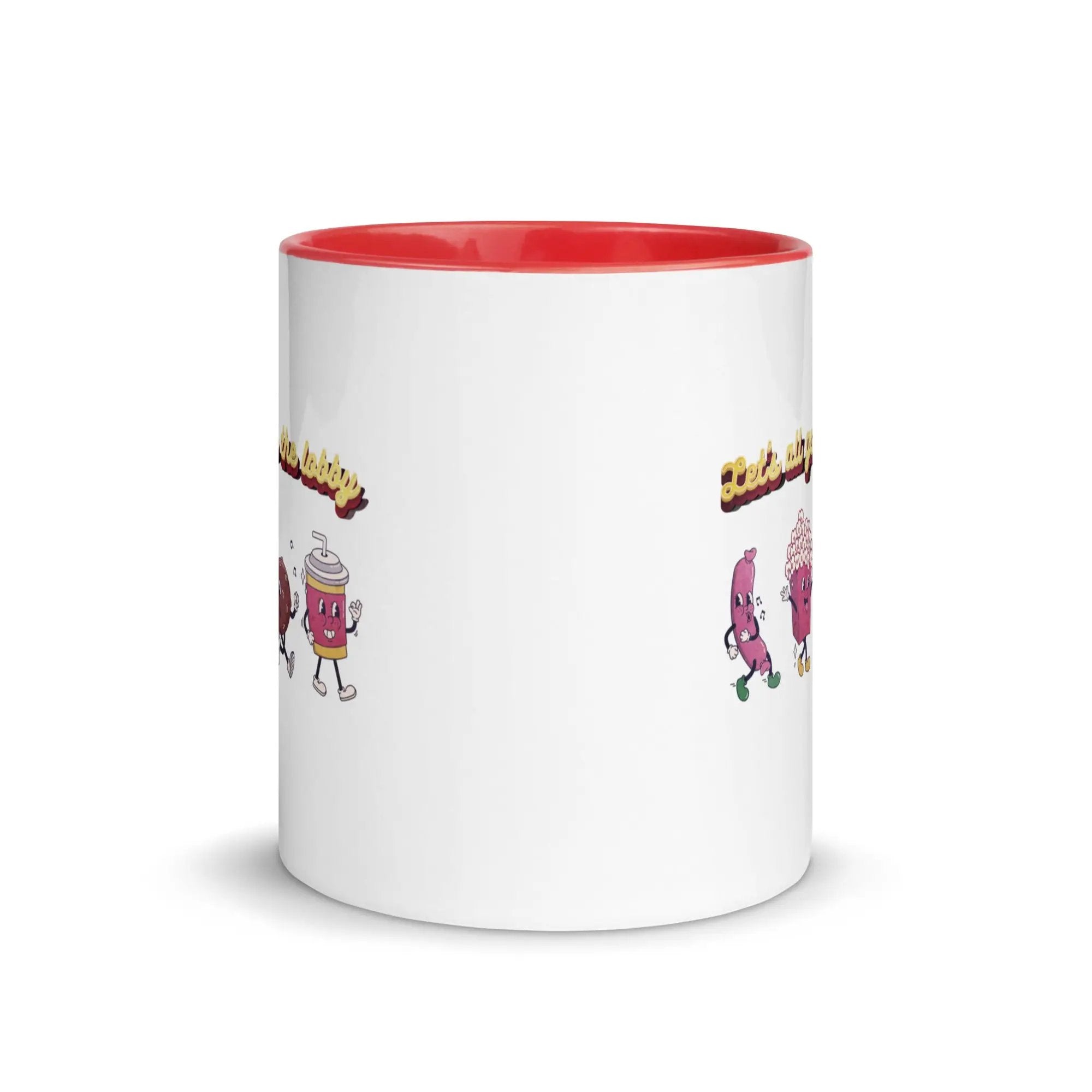 a white and red coffee mug with cartoon characters on it