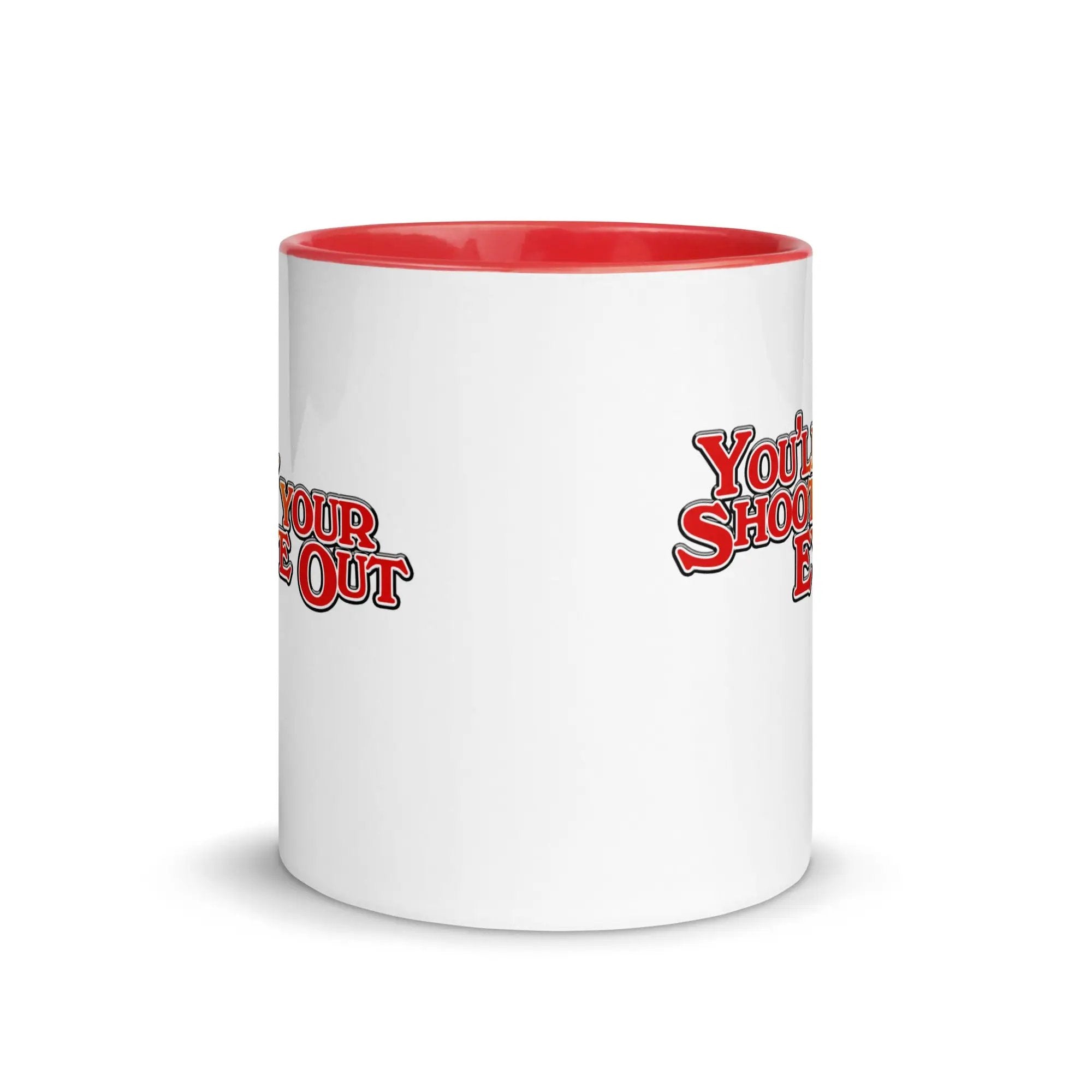 a red and white coffee mug with the words your shot on it