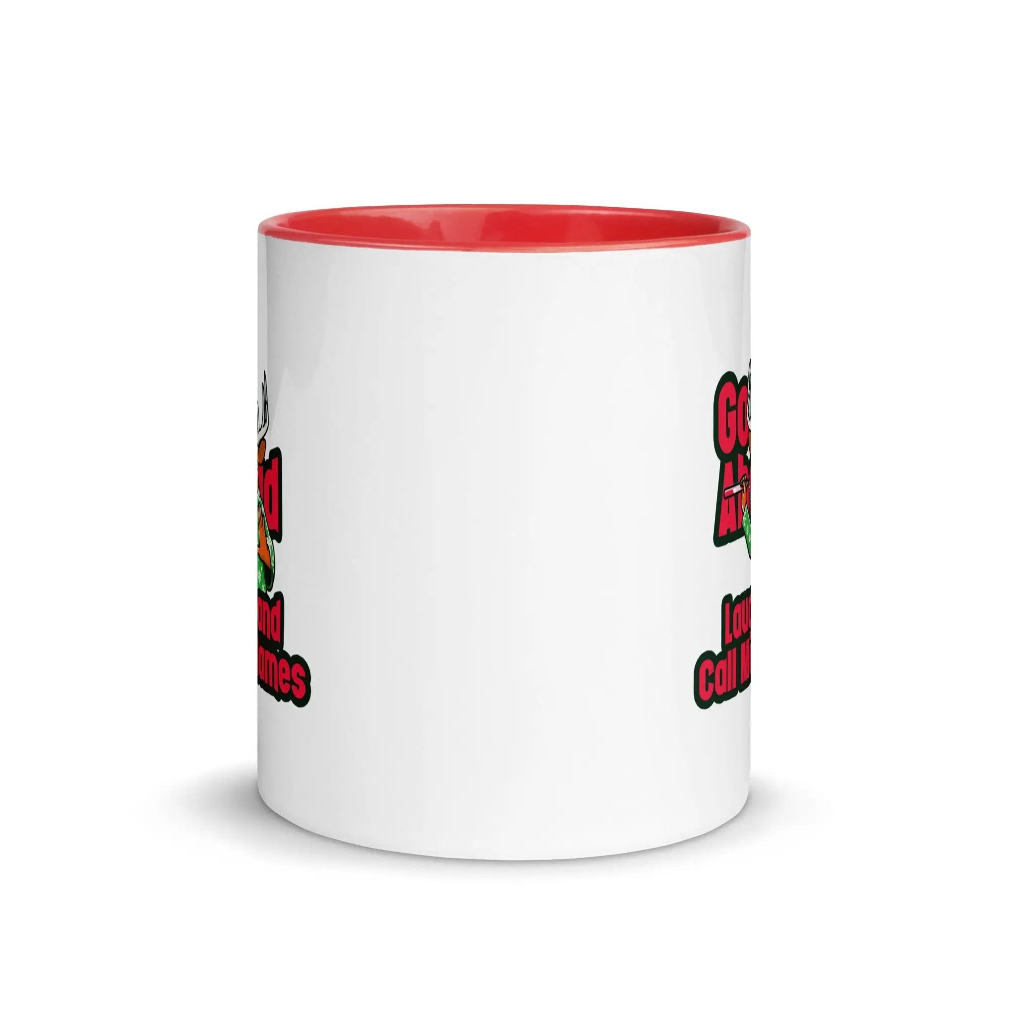 a white and red coffee mug with a red bottom