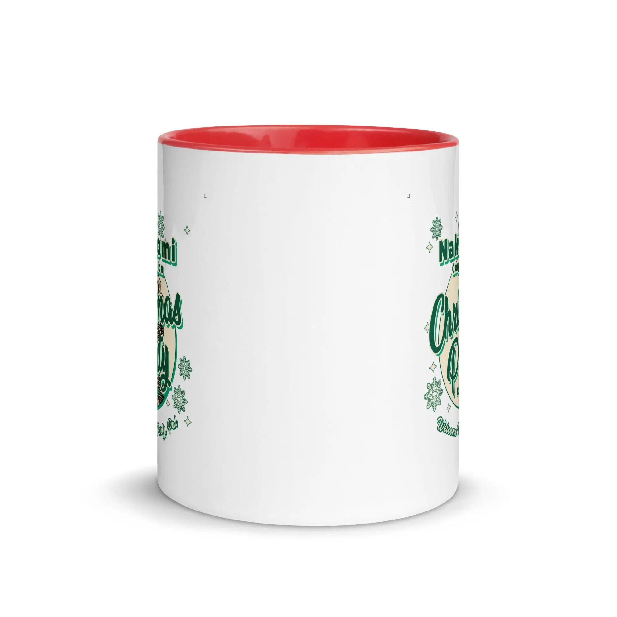 a white and red coffee mug with green lettering