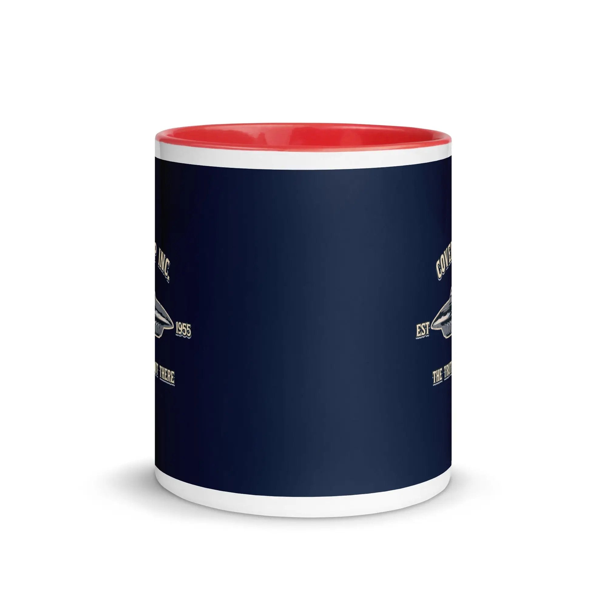 a blue and red coffee mug with a red bottom