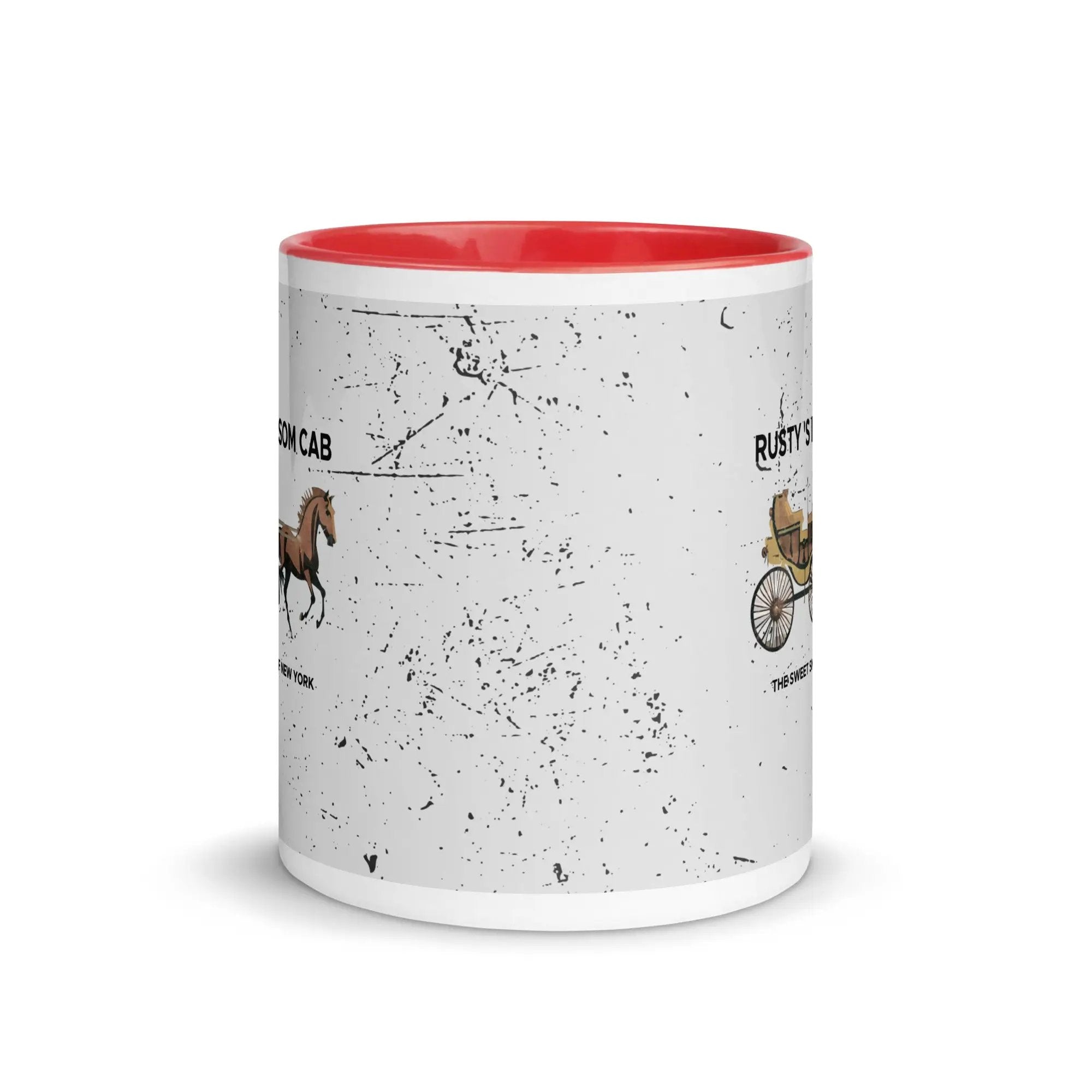 a red and white coffee mug with a picture of a horse