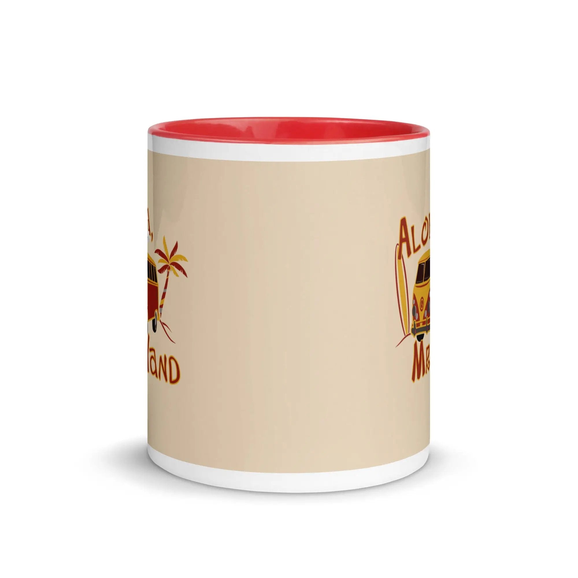 a red and white coffee mug with a picture of a surfboard