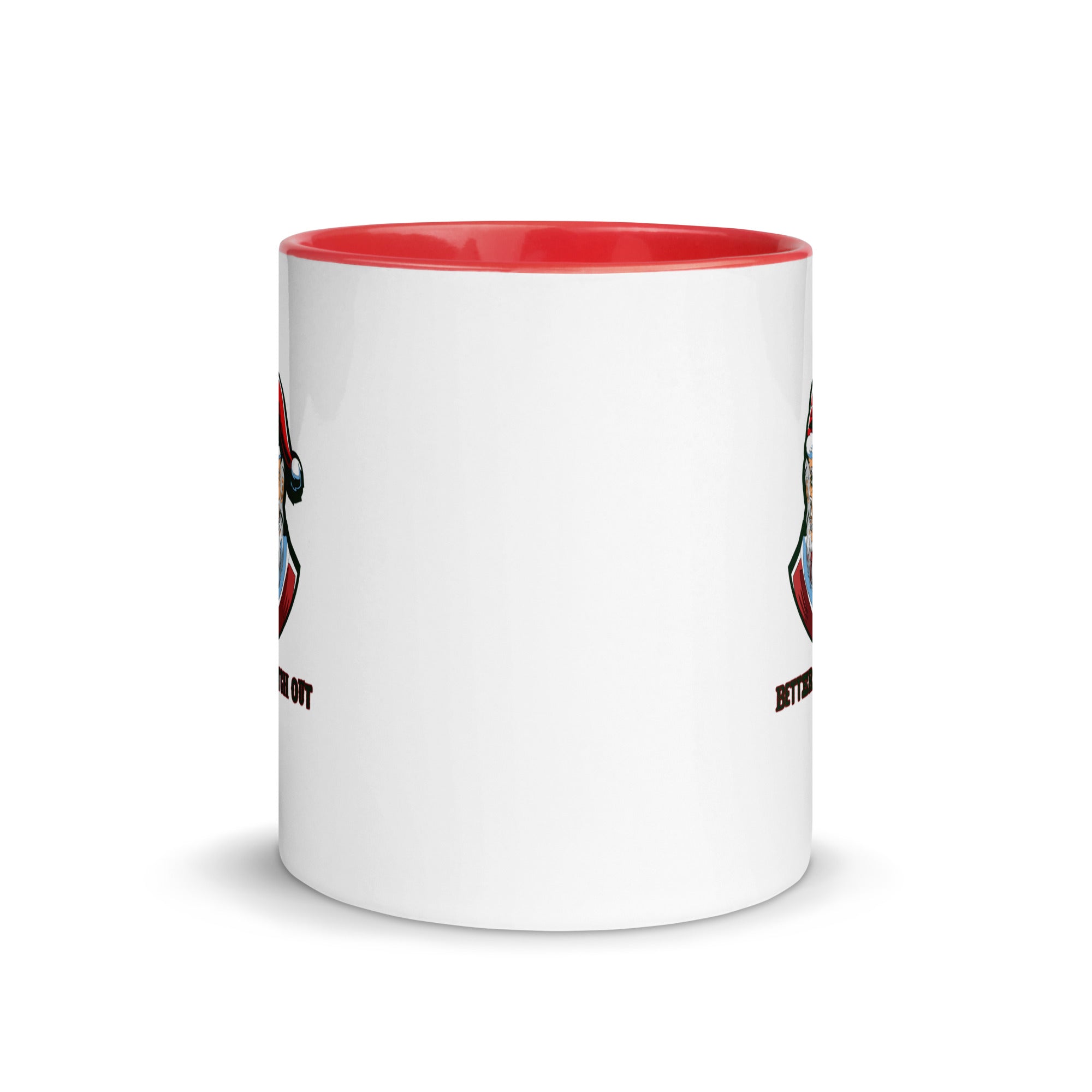 a white and red coffee mug with a red rim
