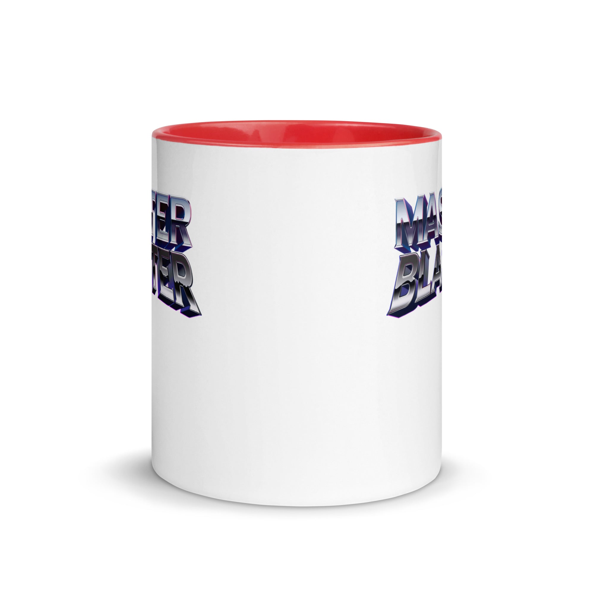 a white and red coffee mug with a red rim