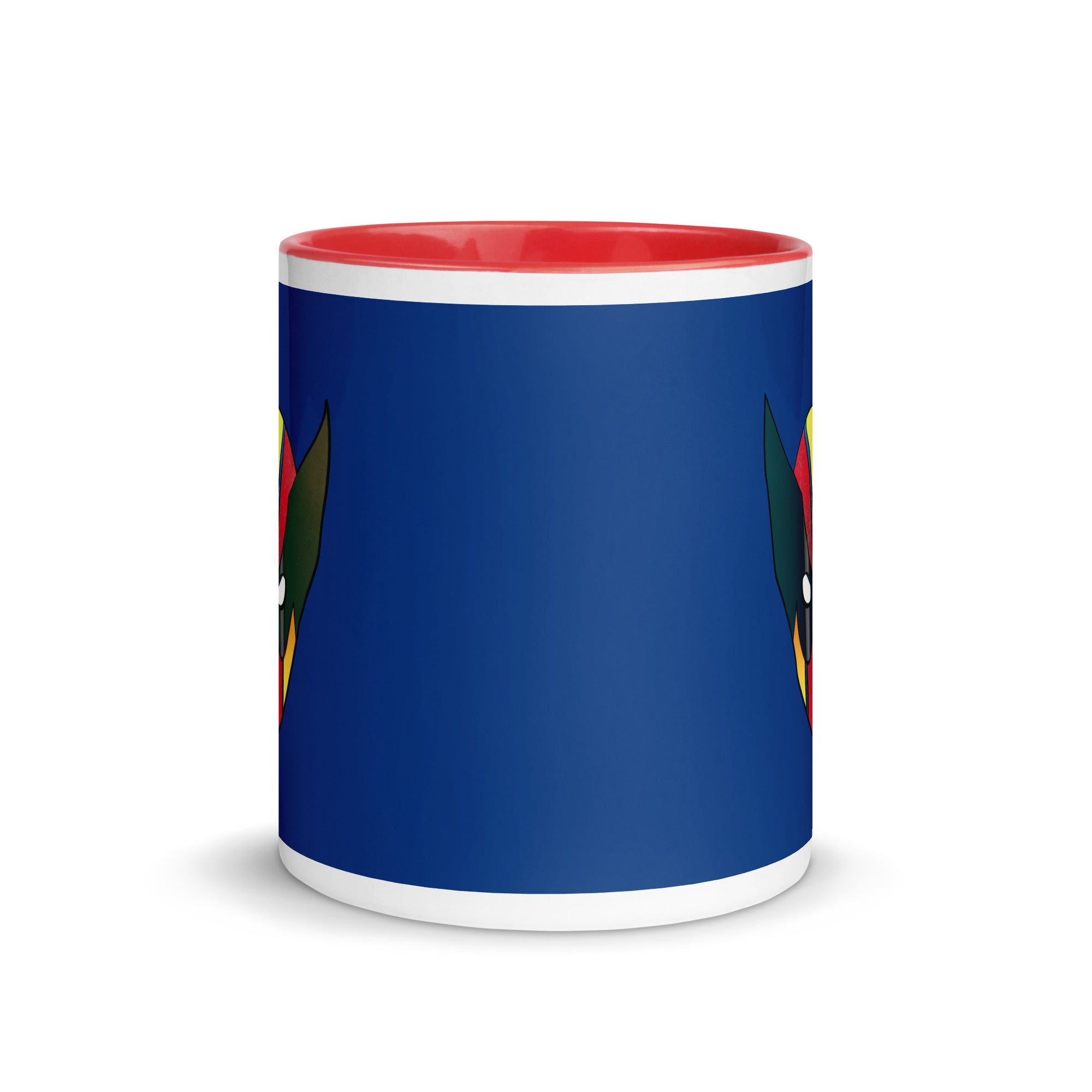 a blue and red coffee mug with a bird on it