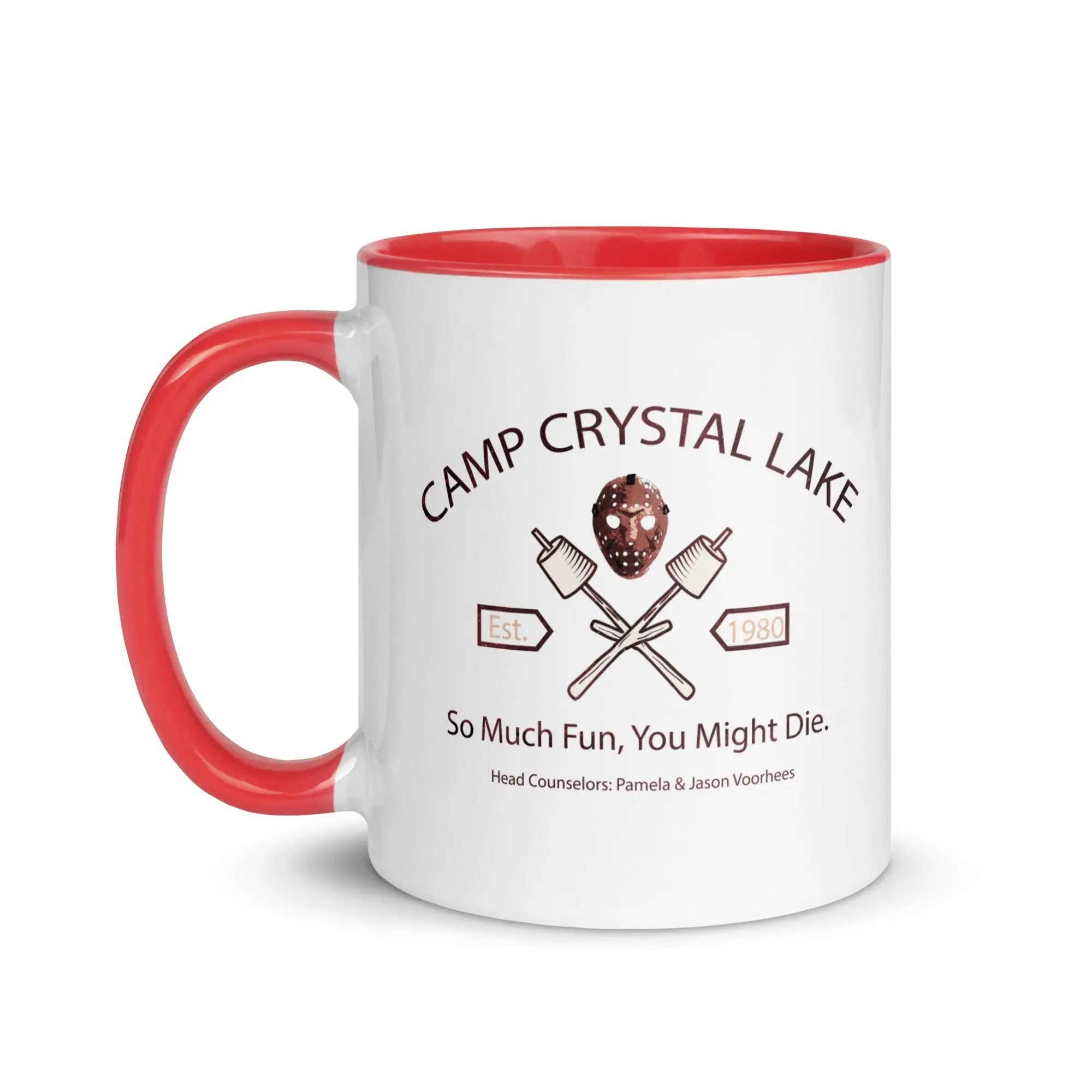a red and white camp crystal lake mug