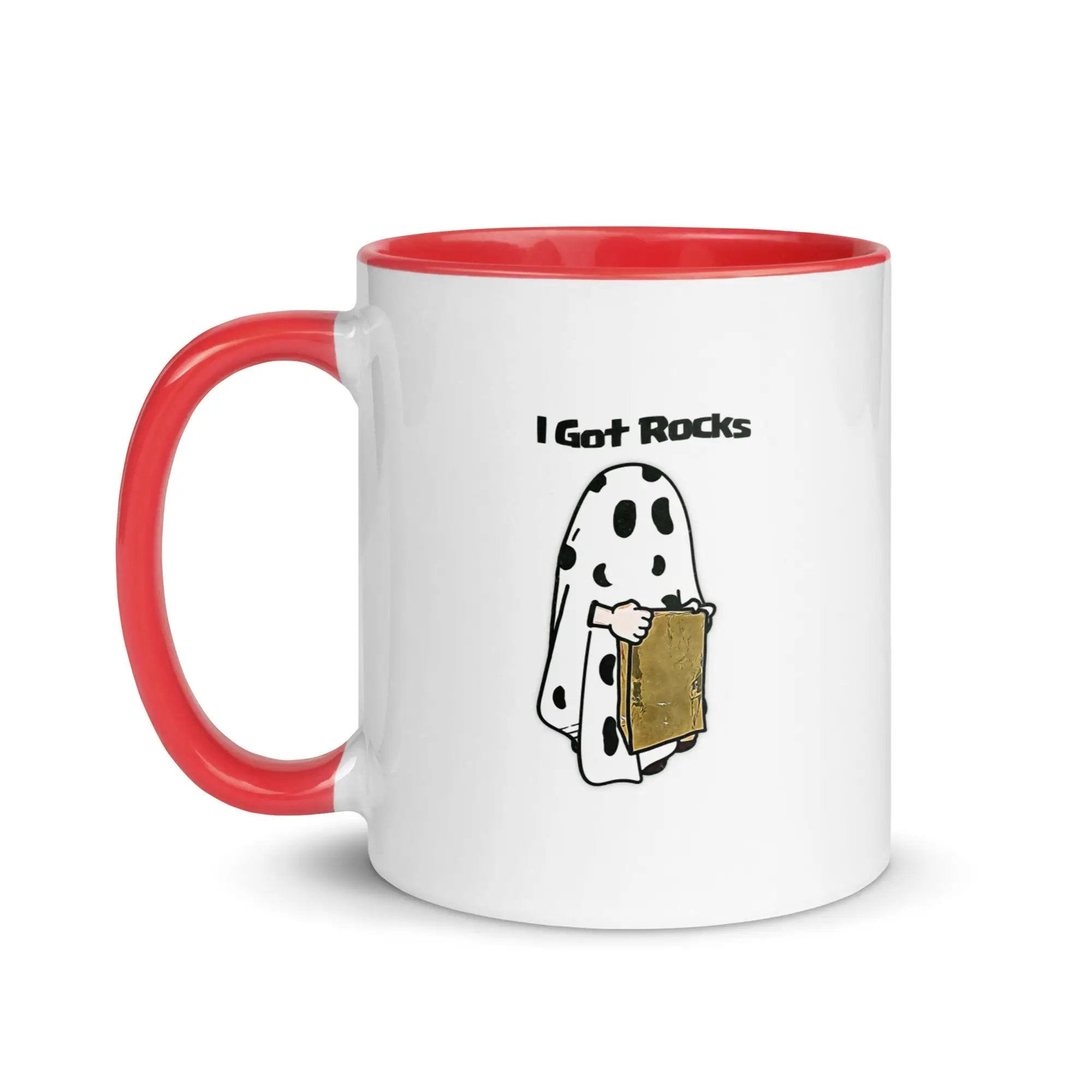 a red and white coffee mug with a cartoon of a ghost holding a piece of
