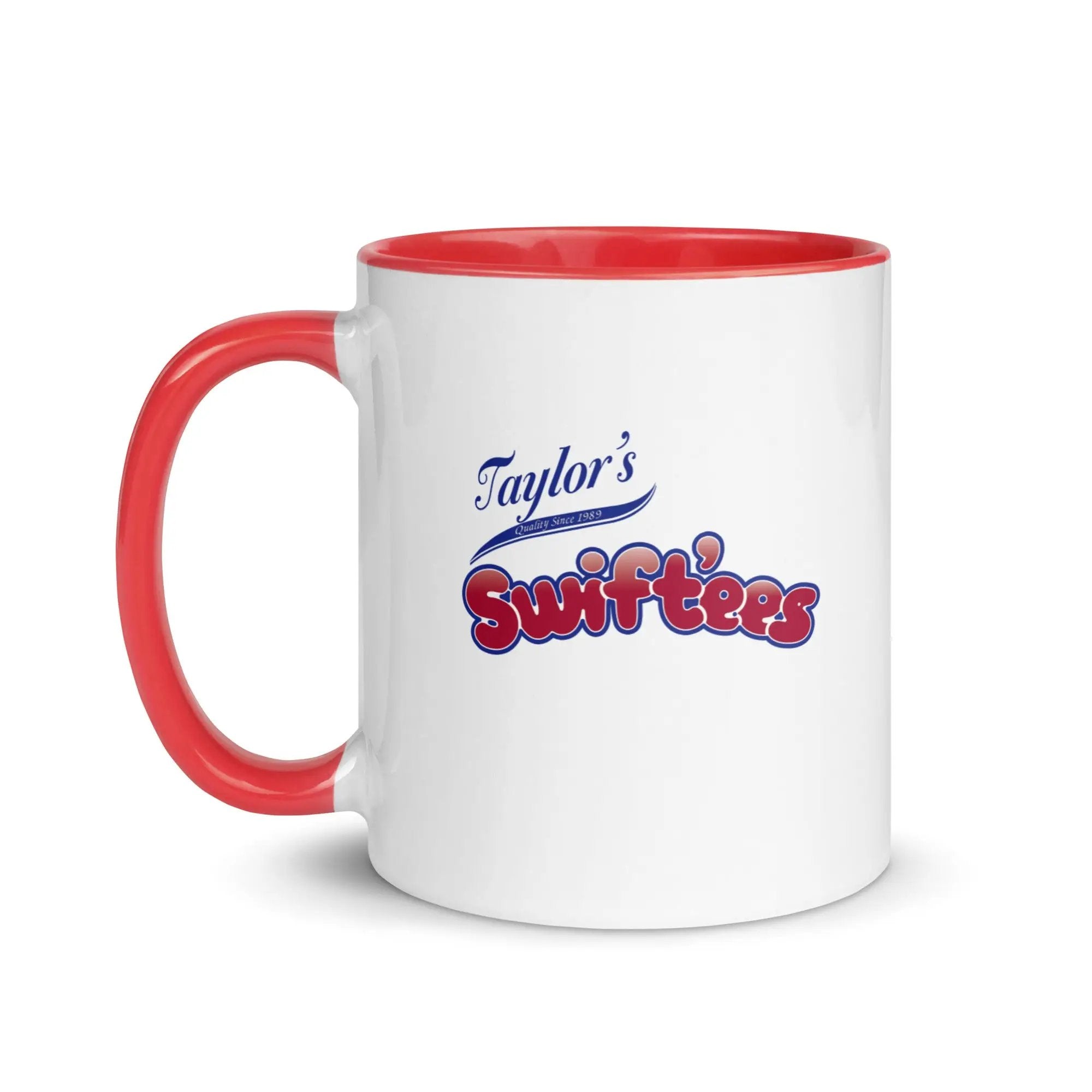 a red and white coffee mug with the words taylor's softies on it