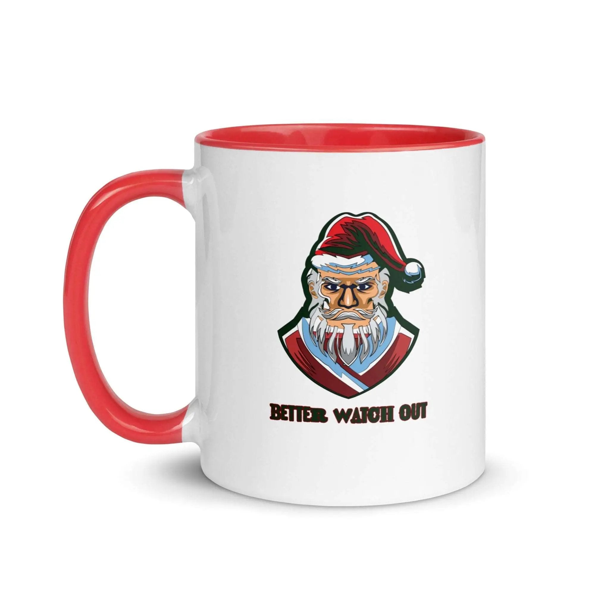 a red and white coffee mug with a santa clause on it
