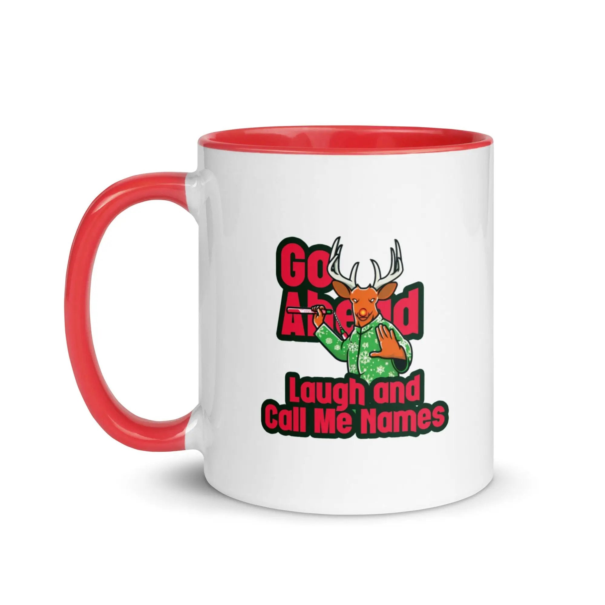 a red and white coffee mug with a deer on it