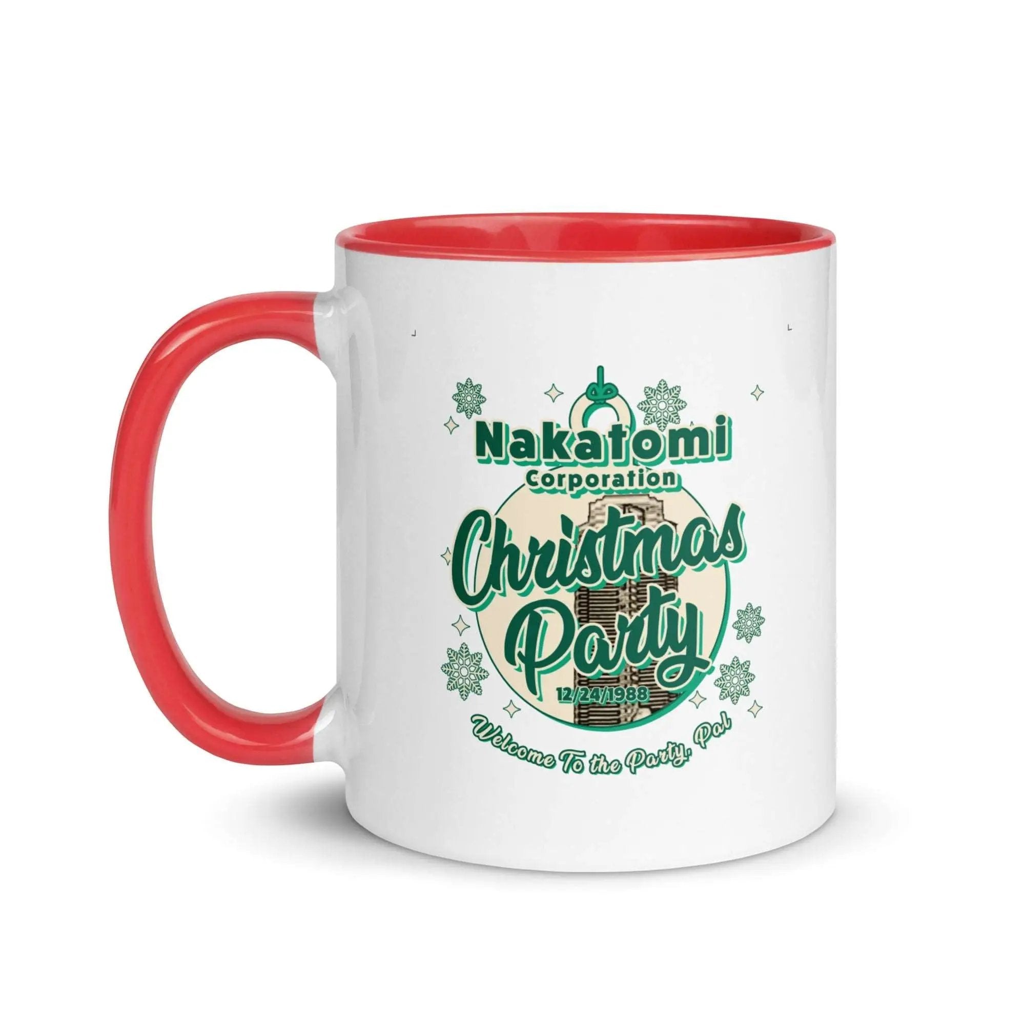 a red and white coffee mug with the words christmas party on it