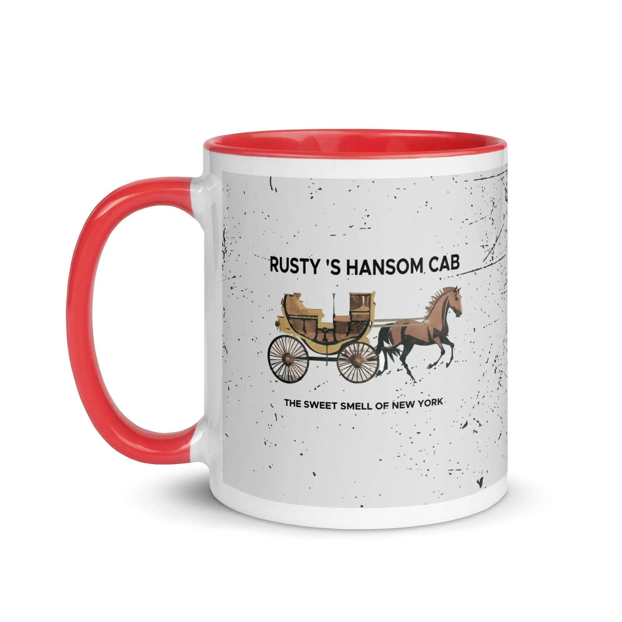 a red and white coffee mug with a horse drawn carriage