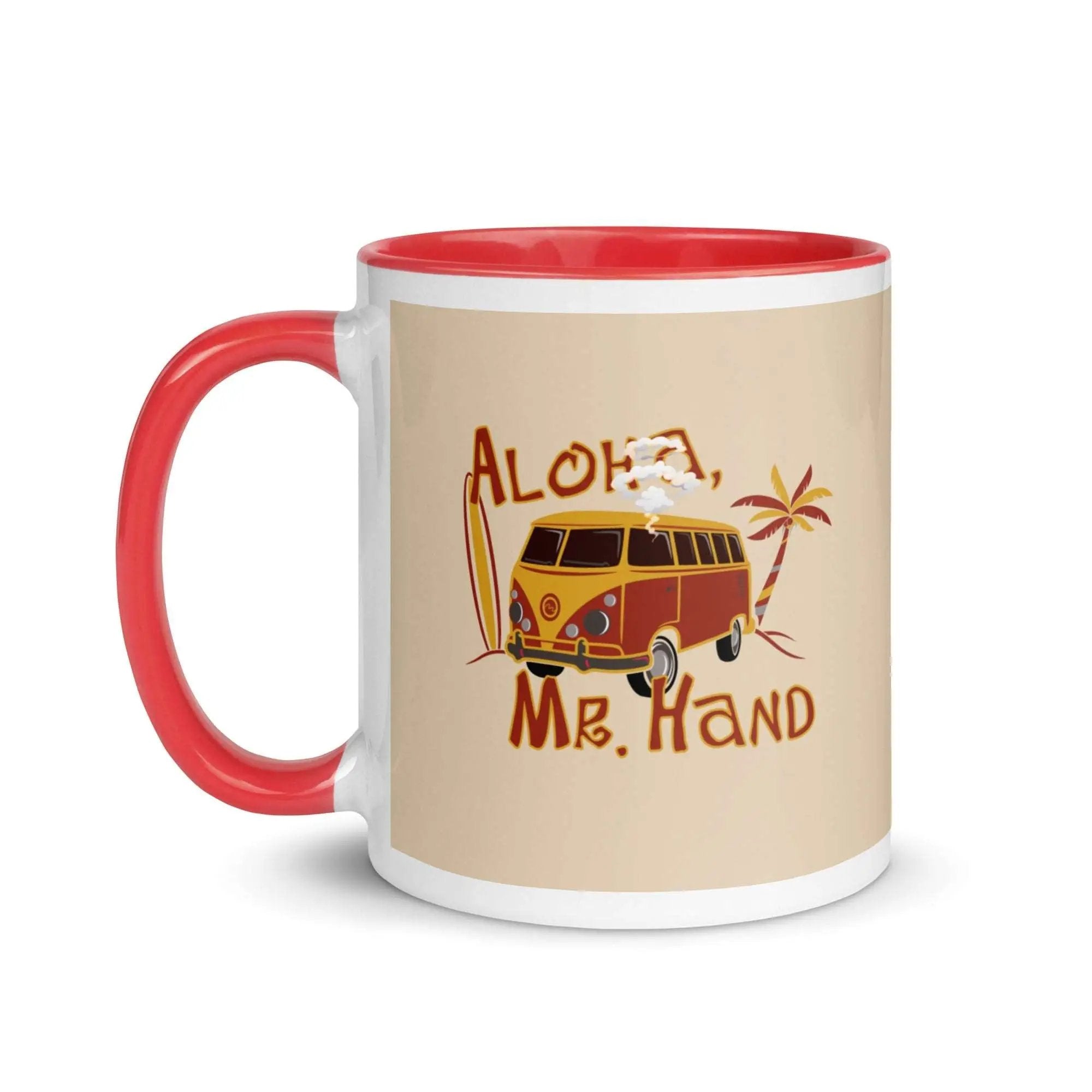 a red and white coffee mug with the words aloh, mr hand on it