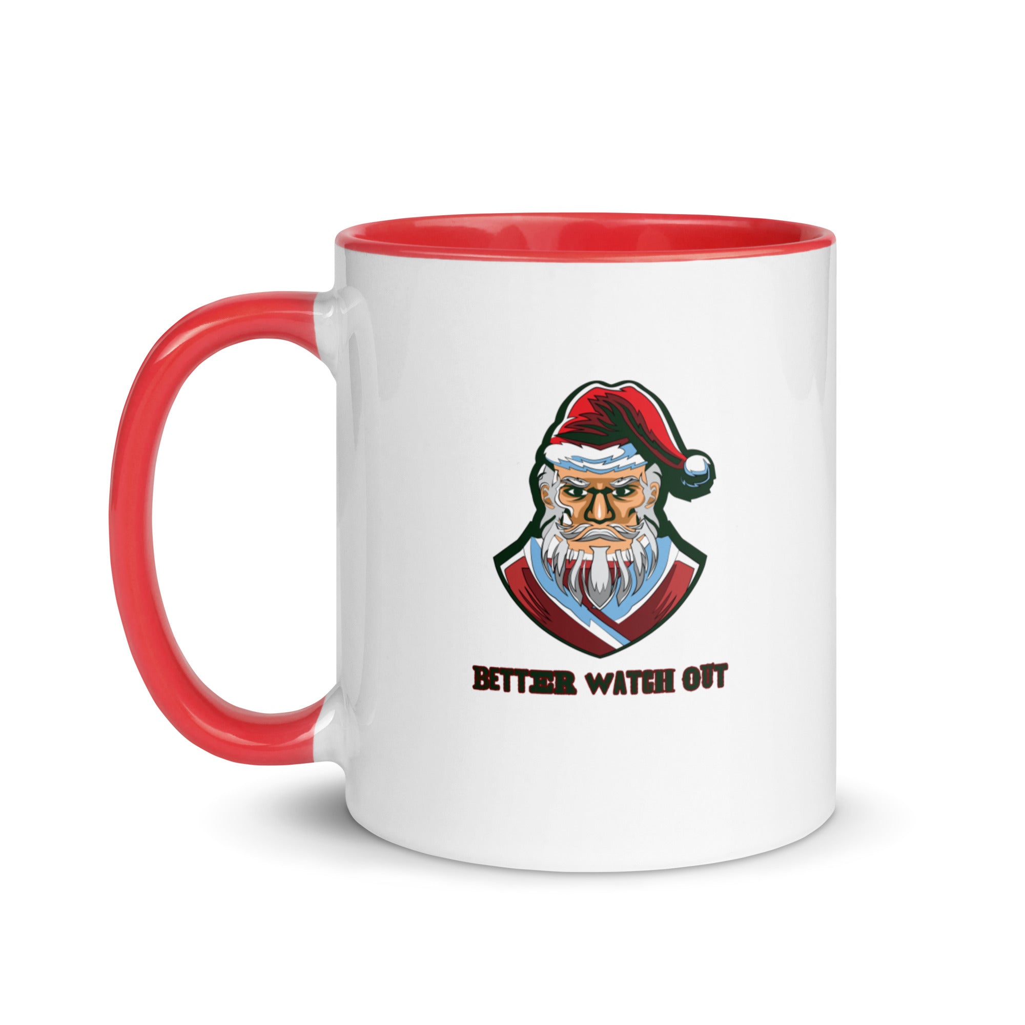a red and white coffee mug with a santa clause on it