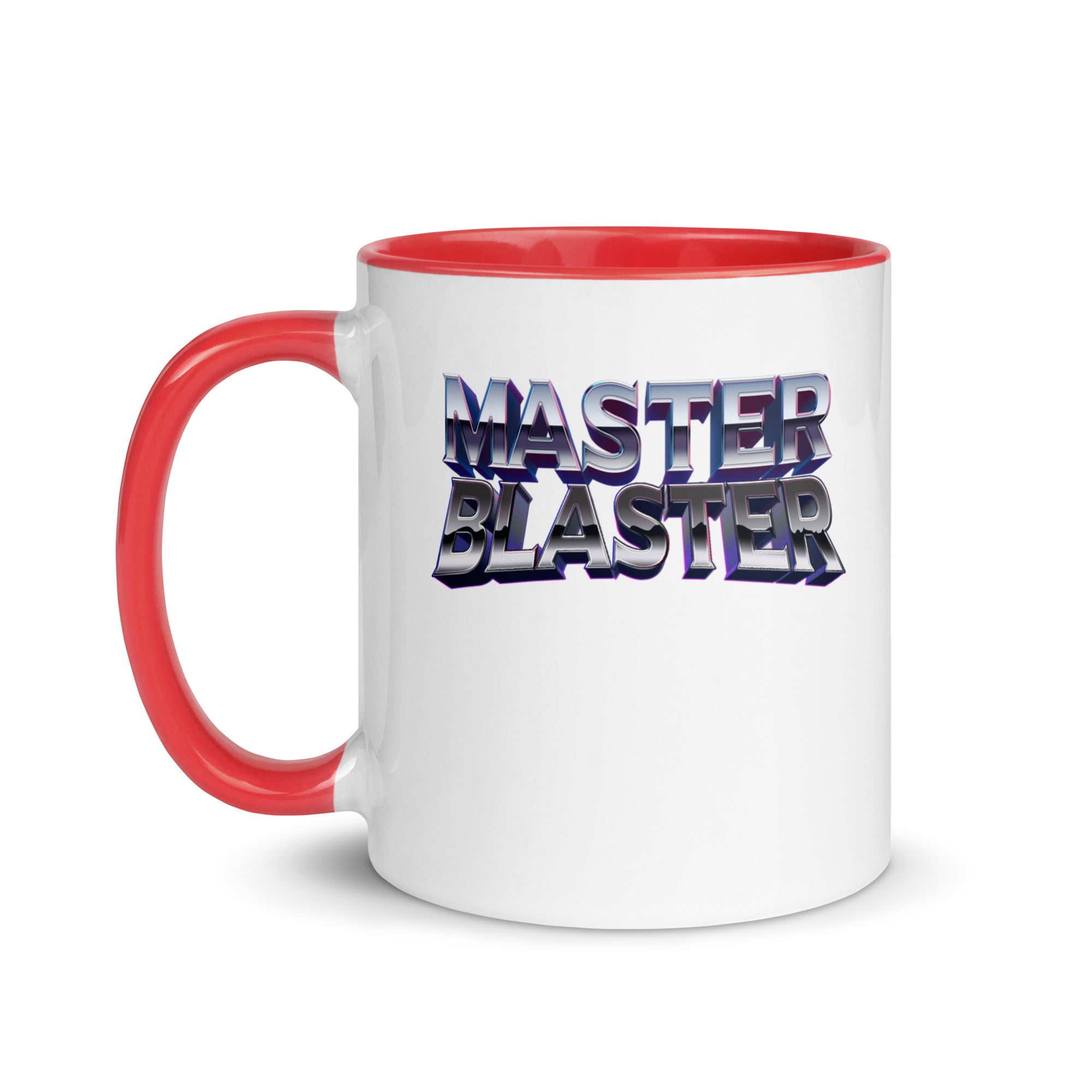 a red and white coffee mug with the words master blaster on it